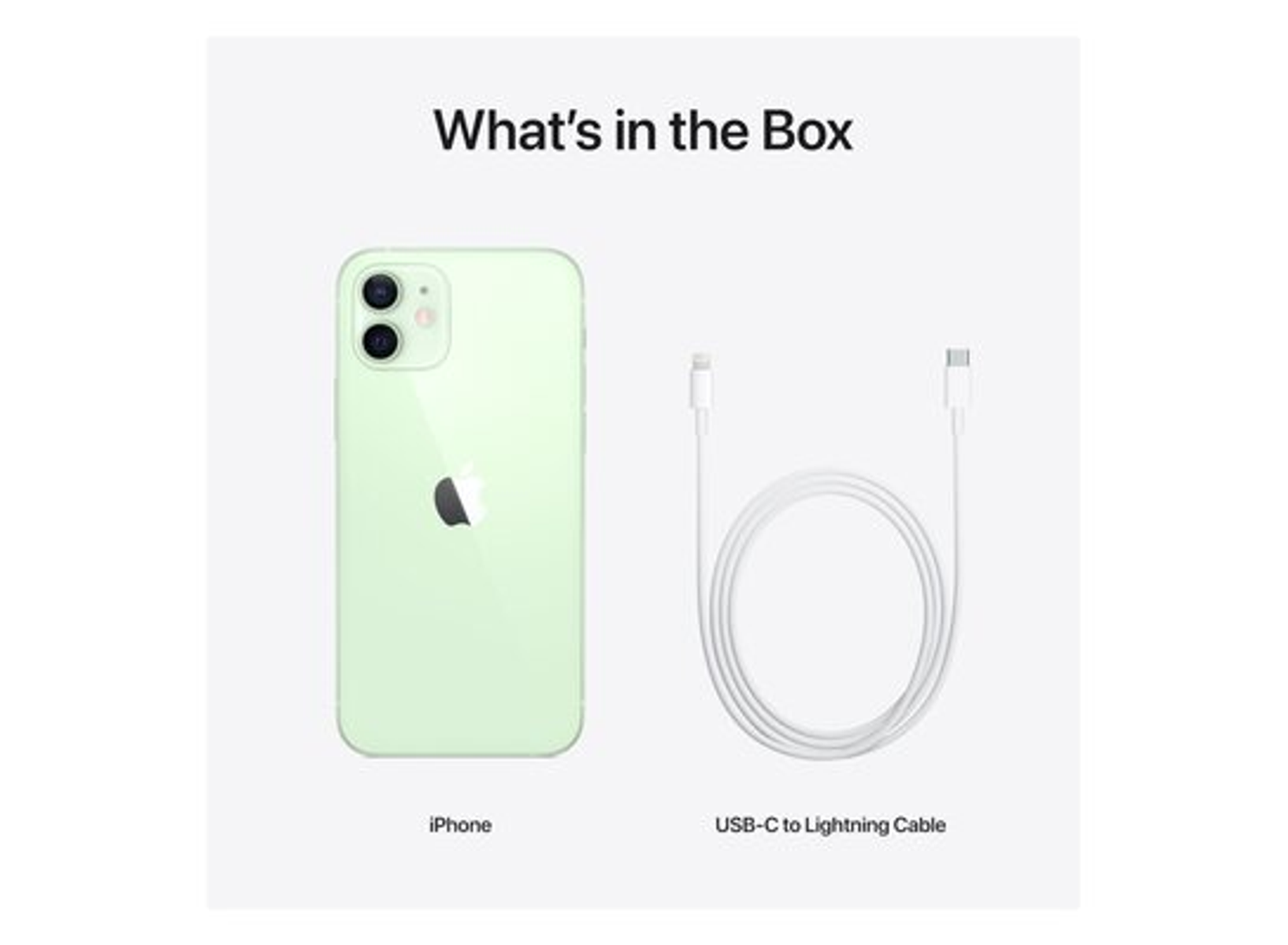 Wyświetlany jest iPhone i kabel USB-C do Lightning, prezentowane jako 'Co jest w pudełku'.