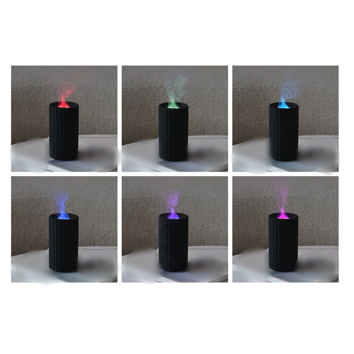 Sechs Bilder eines schwarzen Diffusors mit farbigen Raucheffekten: rot, grün, blau, blau, lila, rosa.