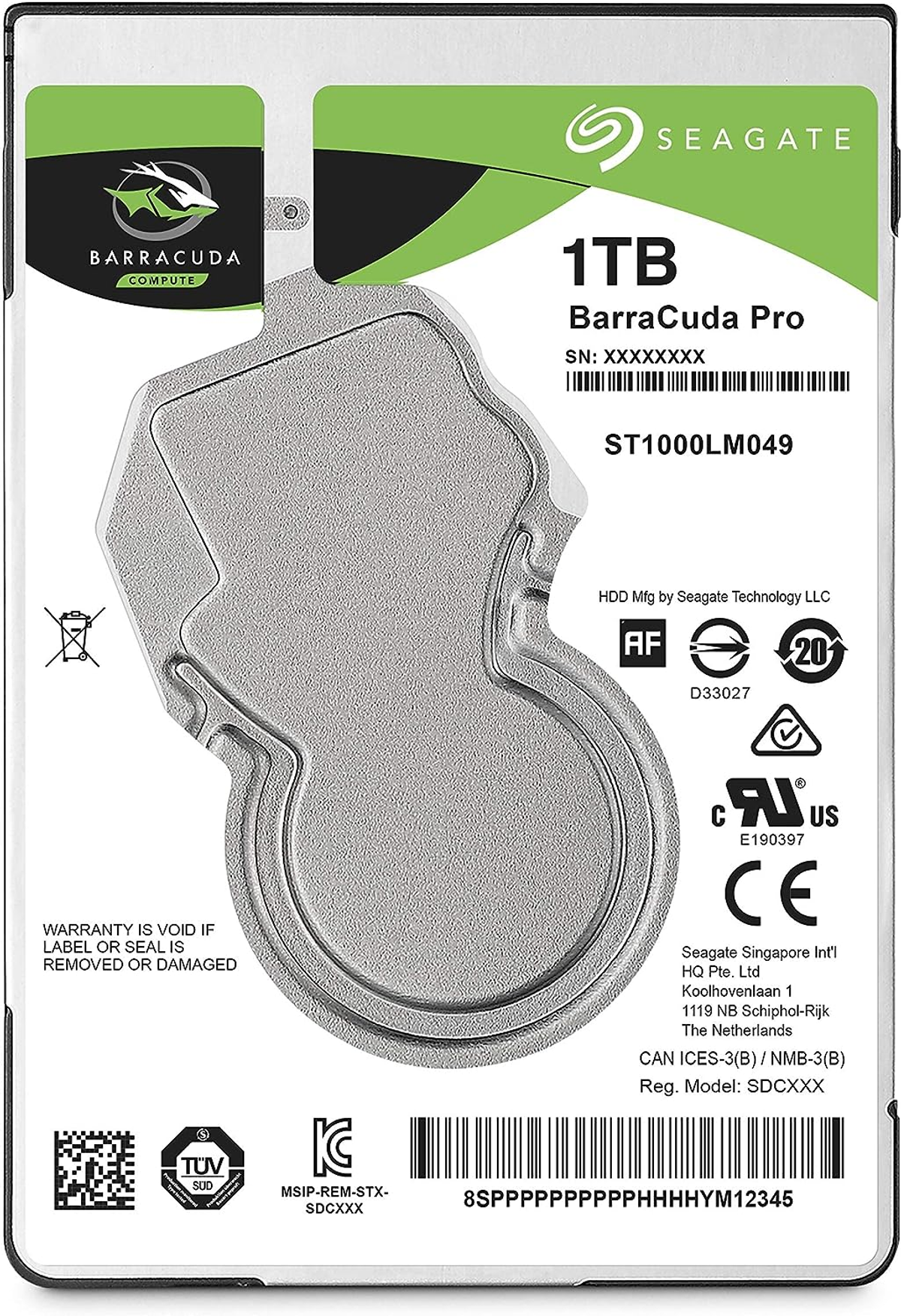 A 1TB Seagate Barracuda Pro hard drive. The label shows the product details, serial number, and other information.