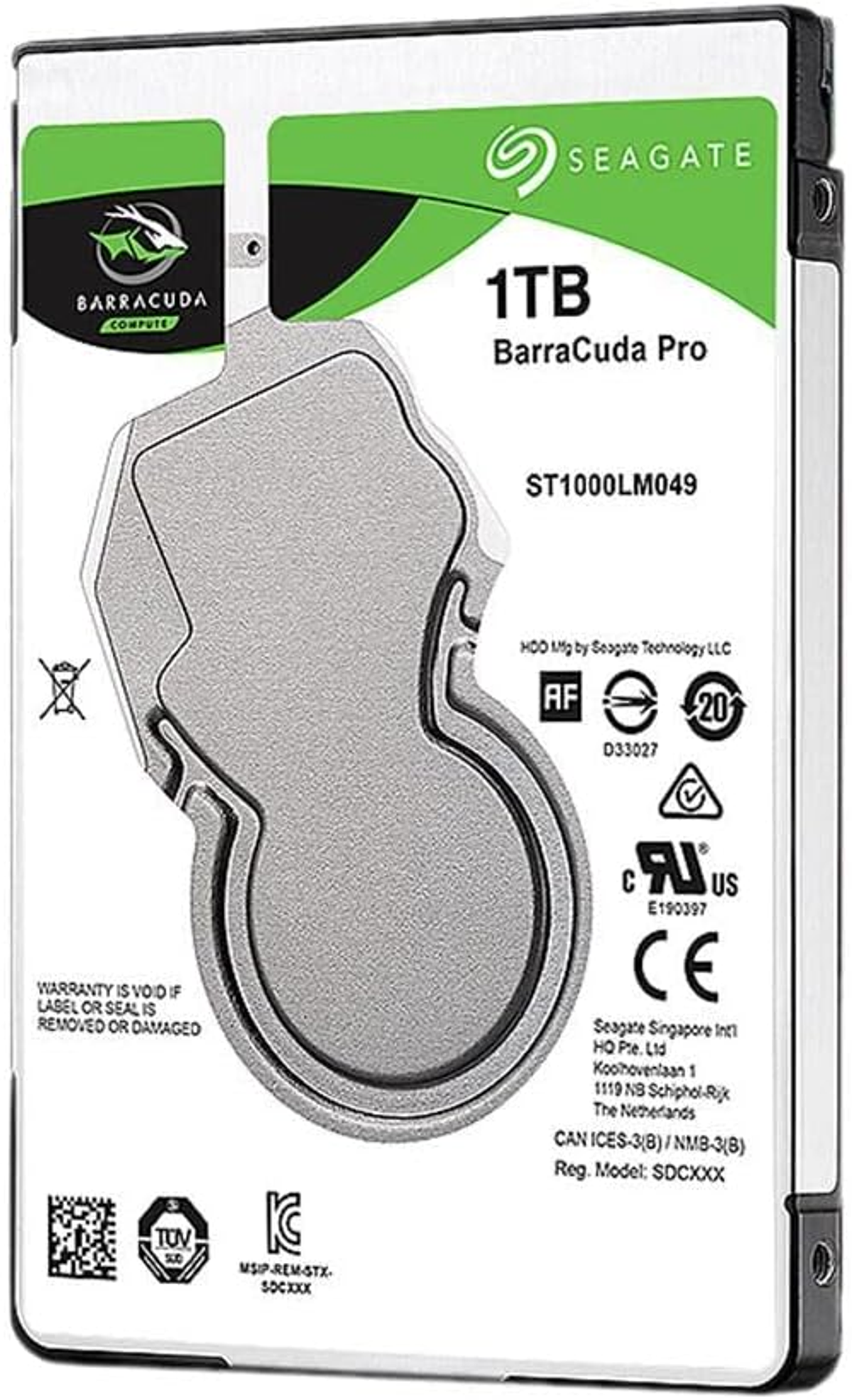 A 1TB Seagate Barracuda Pro hard drive. The label shows the product details, serial number, and other information.