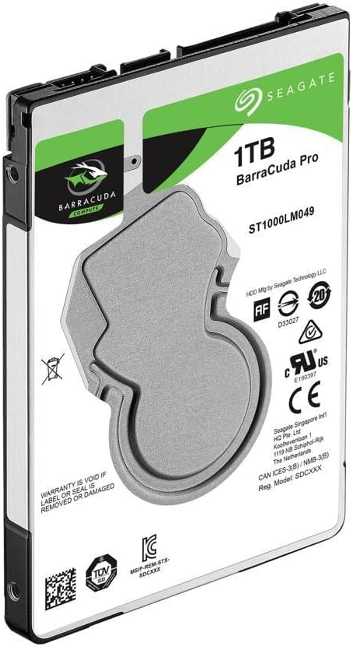 Seagate 1TB hard drive with green and black label on white background.