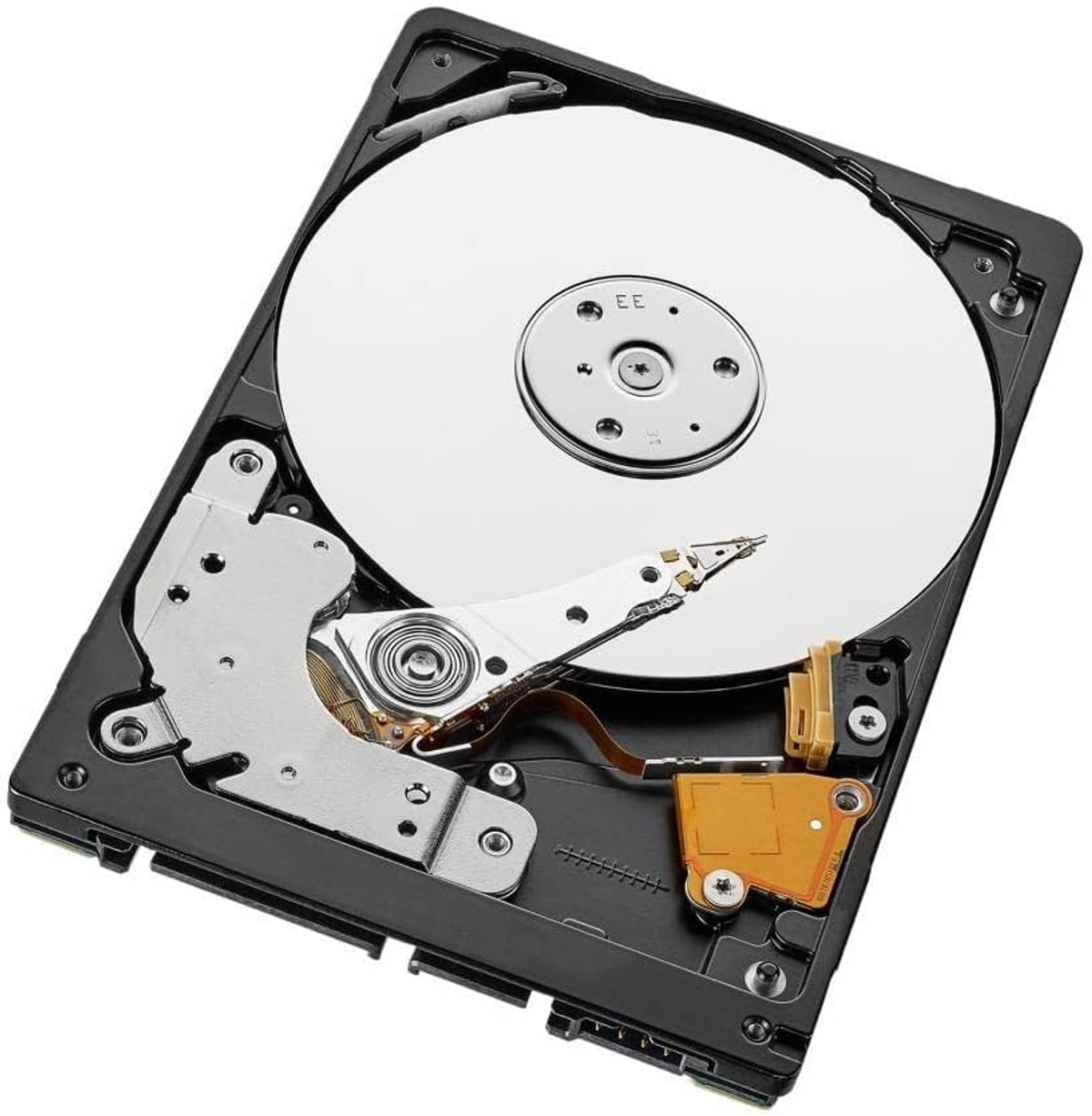 Open hard drive showing silver disc, arm, and orange components.