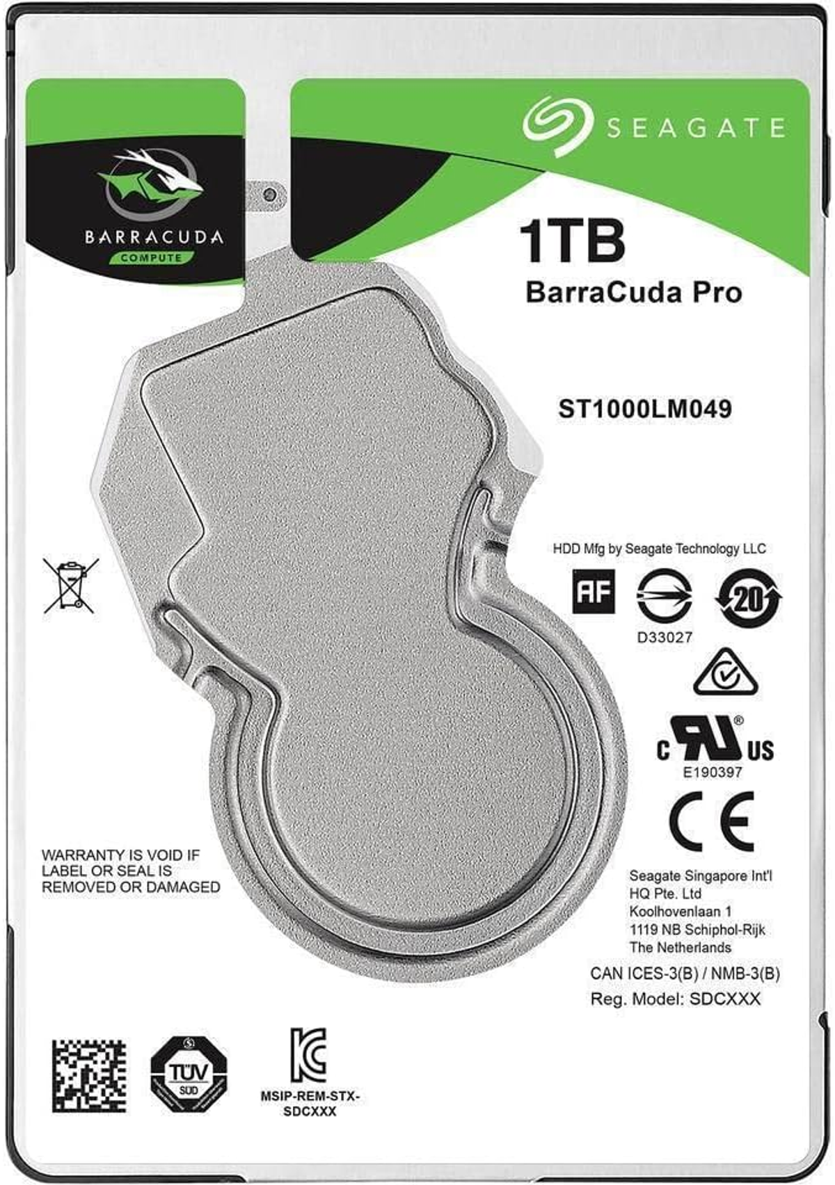 Seagate 1TB hard drive with green and black label on white background.