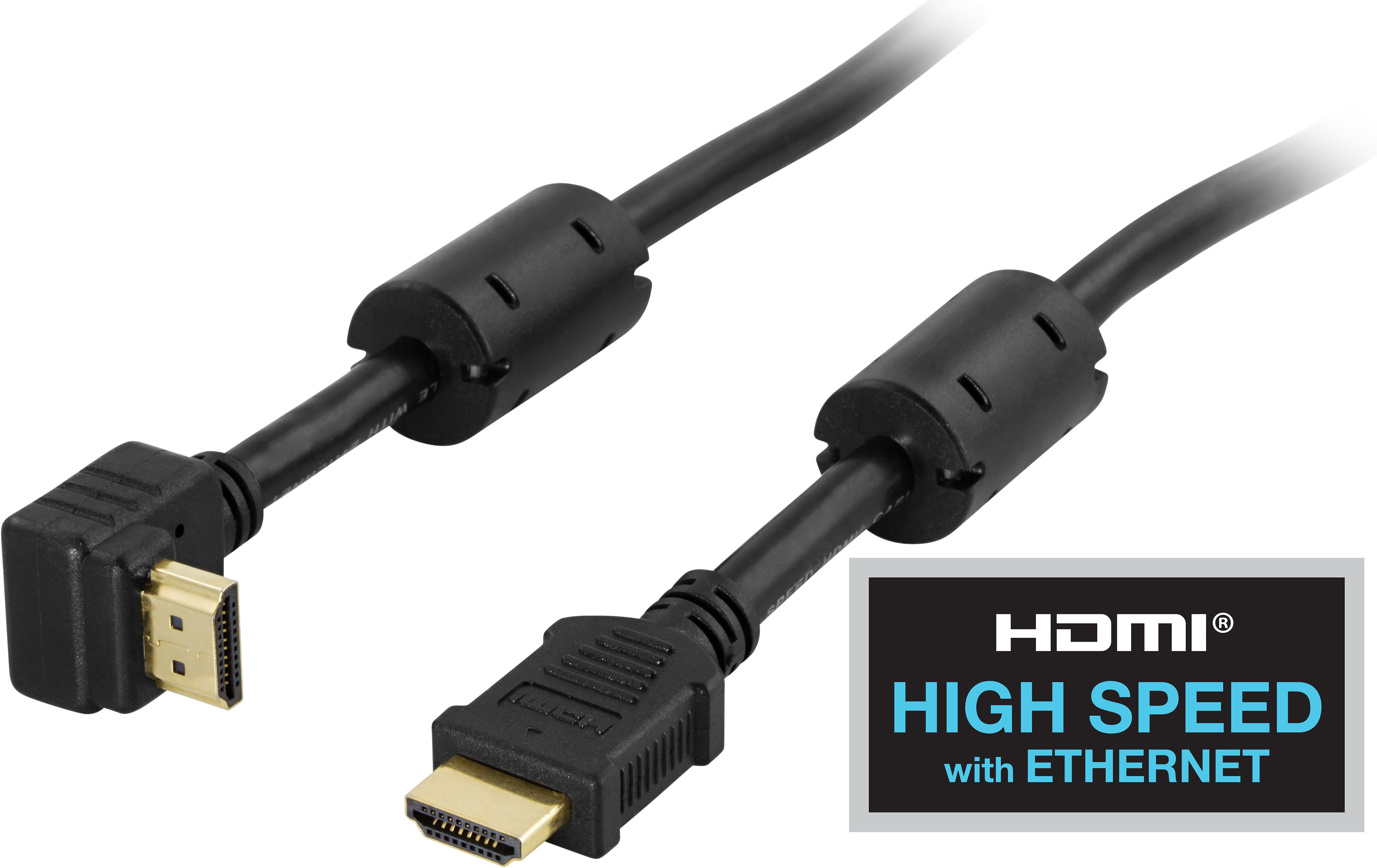 Zwarte HDMI-kabel met een haakse connector. Witte achtergrond.