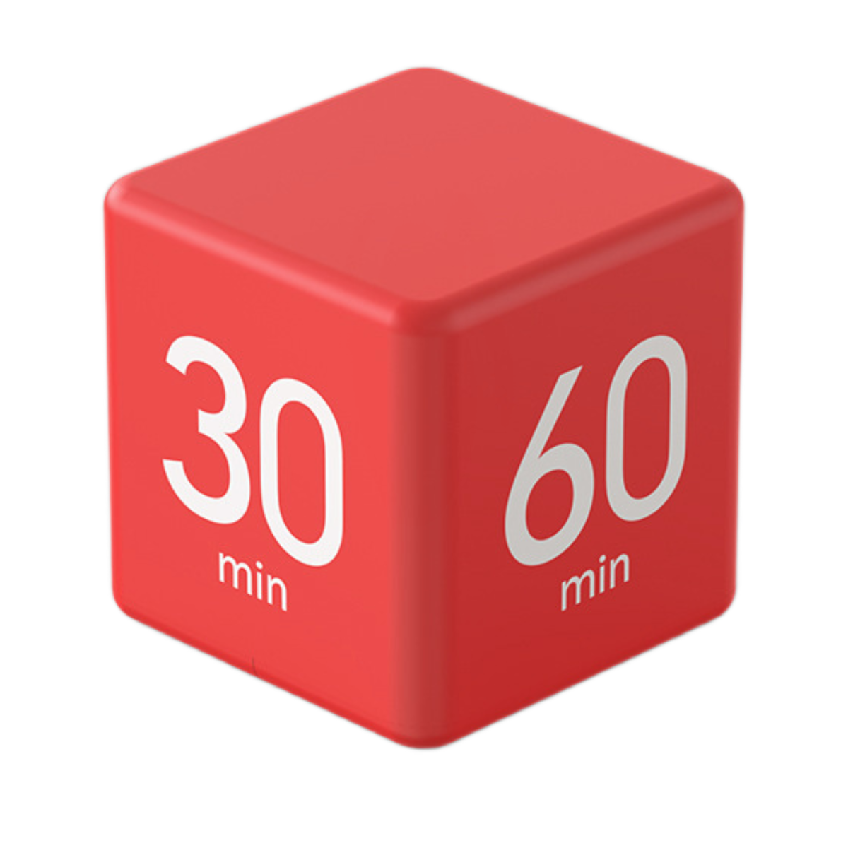 Roter Würfel-Timer mit weißen Zahlen 30 und 60 auf gegenüberliegenden Seiten.