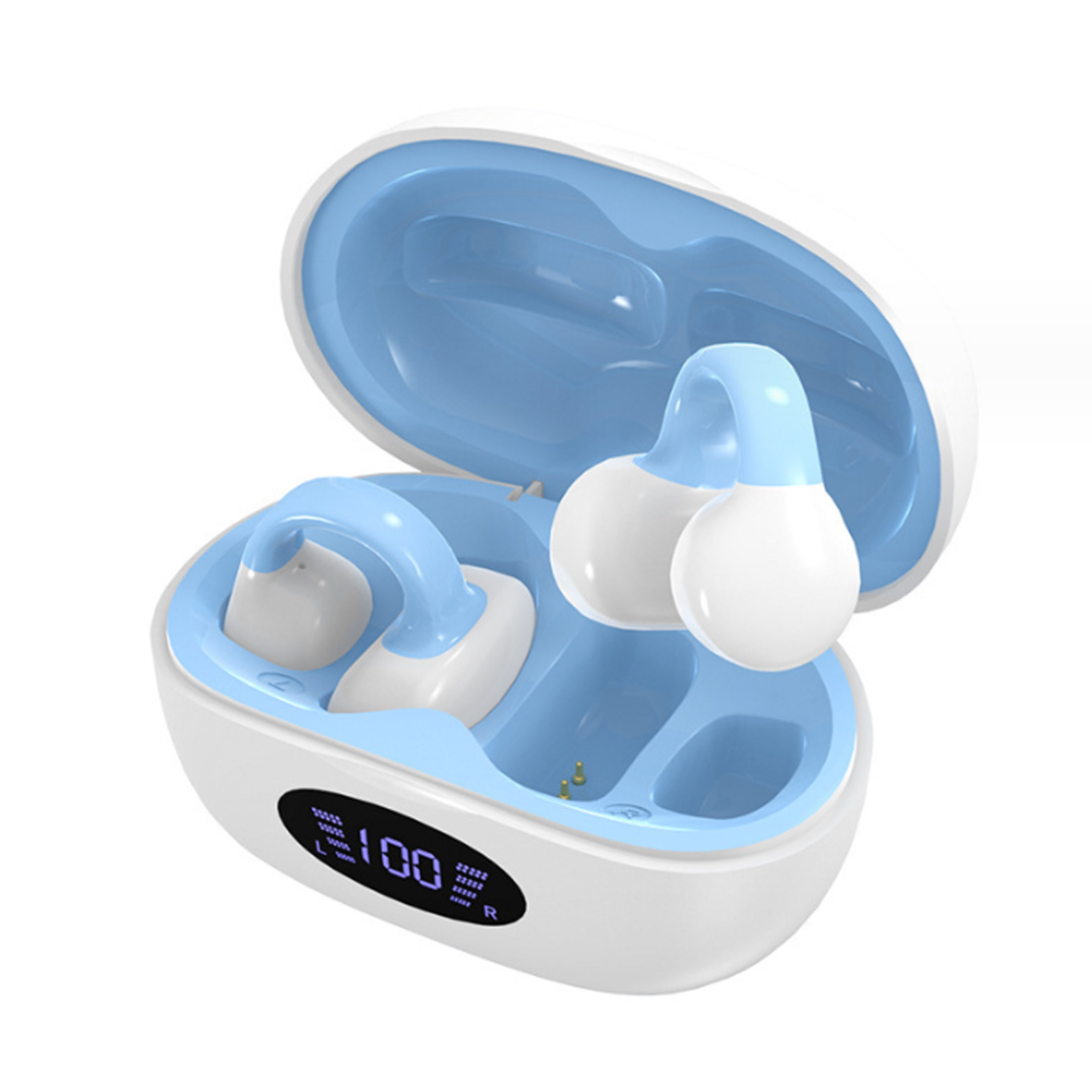 Białe i niebieskie słuchawki douszne w etui ładującym. Etui i słuchawki mają nowoczesny design.