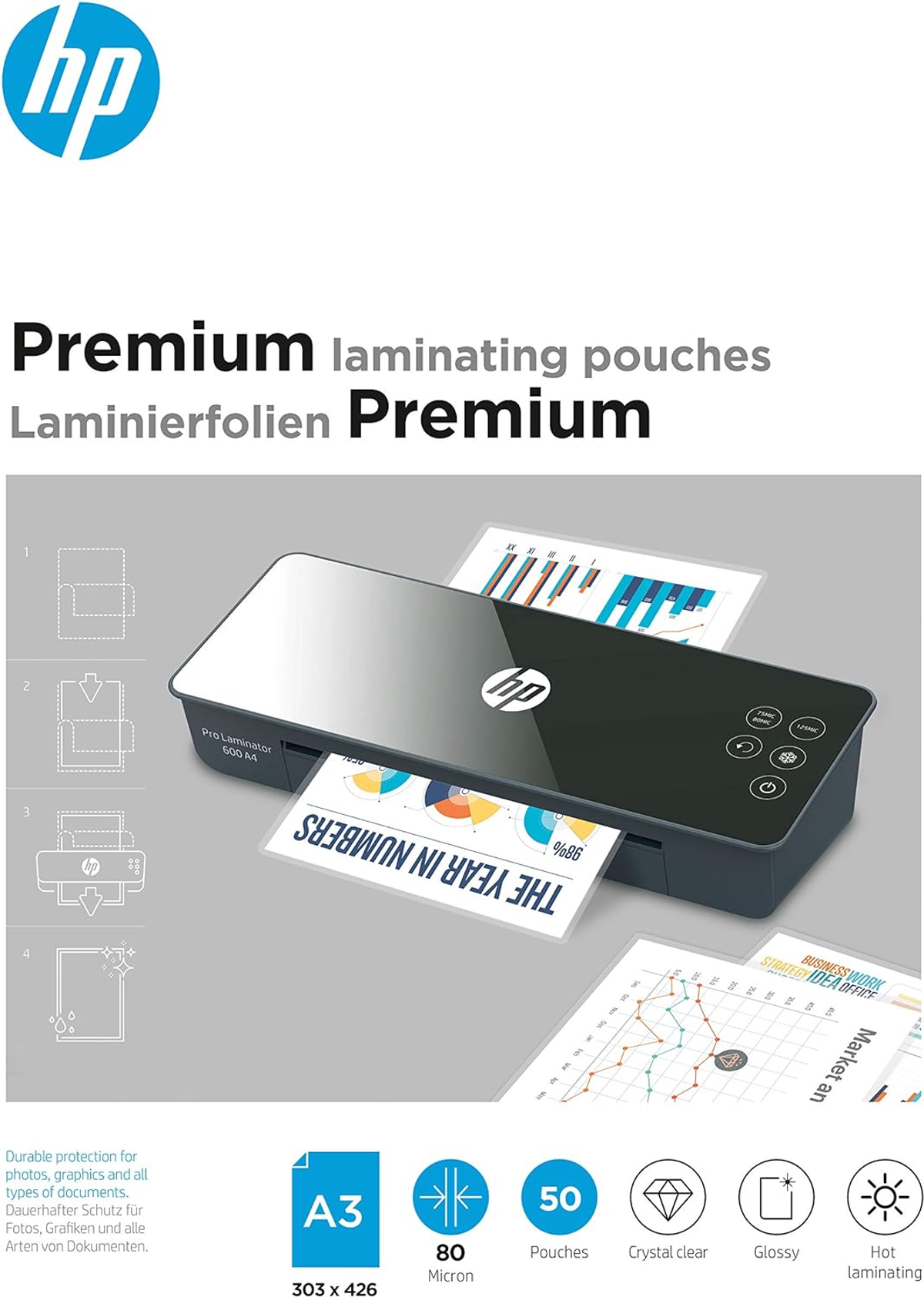 Laminateur HP avec documents. Texte et icônes sur format A3, 80 microns, 50 pochettes.