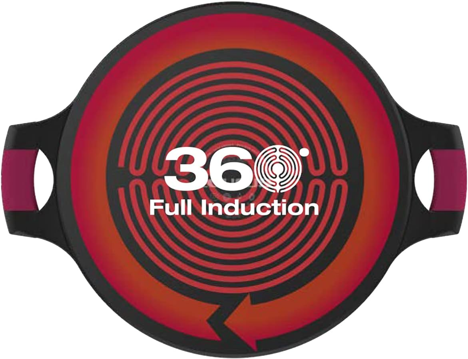 Eine runde, schwarze Pfanne mit rotem, kreisförmigem Heizelement, beschriftet mit '360° Full Induction'.