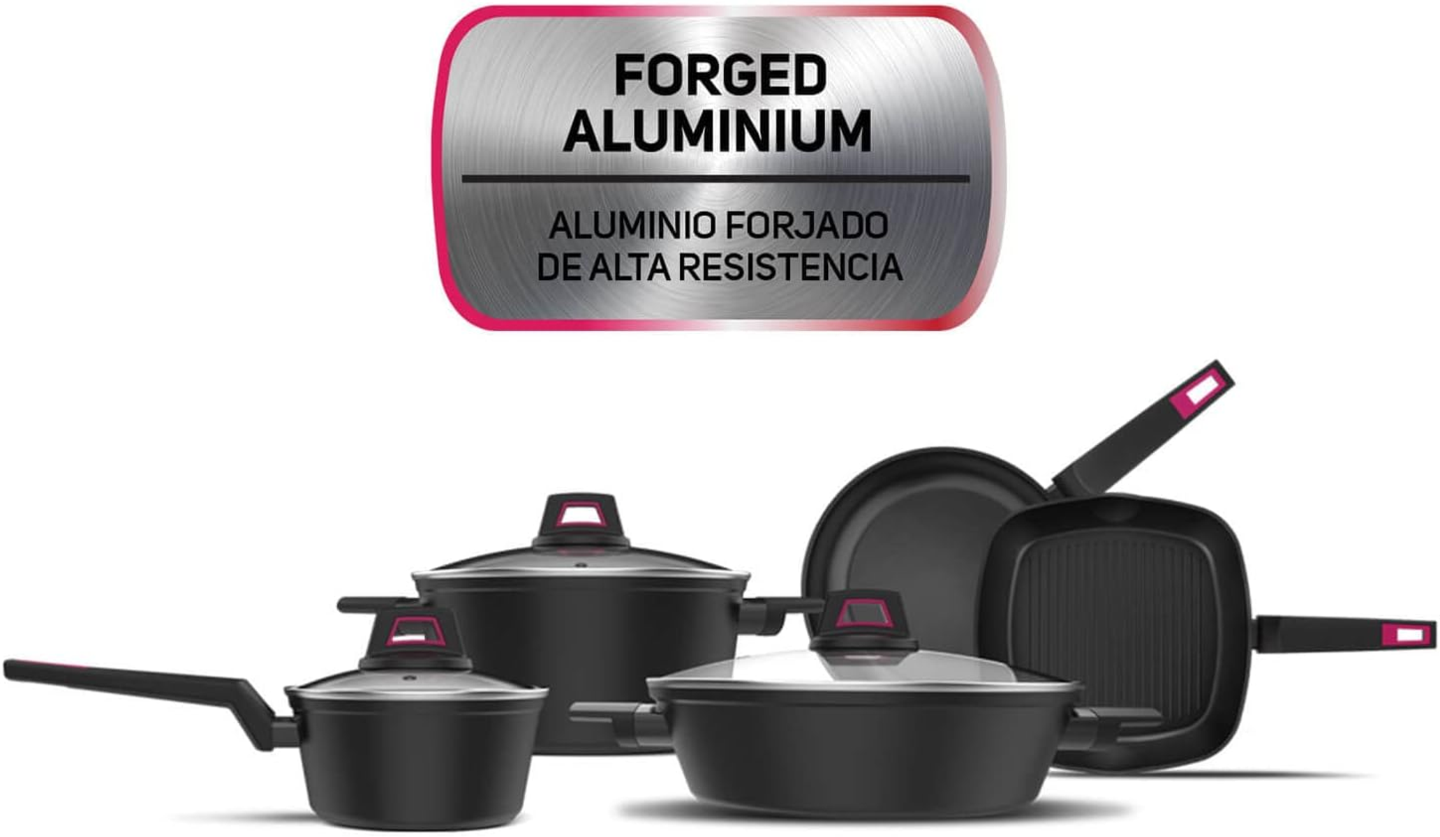 Set schwarzer, geschmiedeter Aluminiumpfannen mit rosa Griffen.