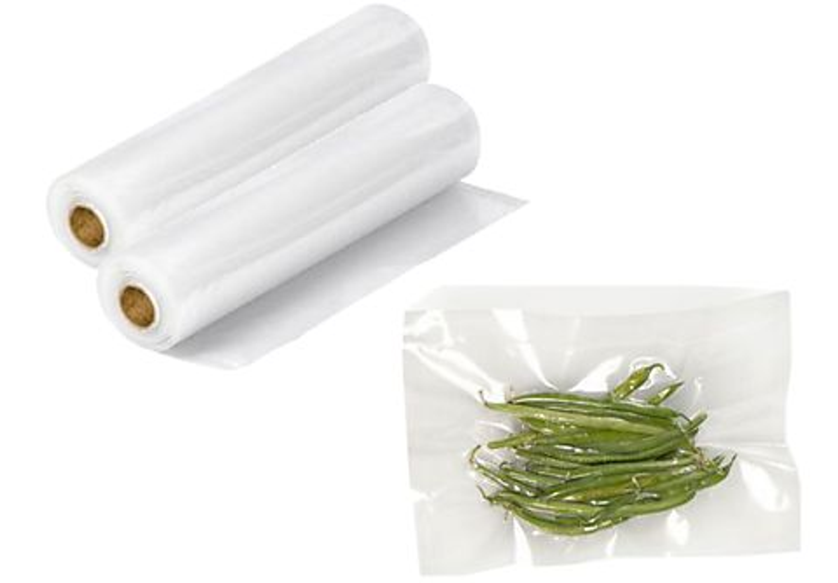 Due rotoli di pellicola trasparente e un sacchetto sigillato con fagiolini all'interno, su sfondo bianco.