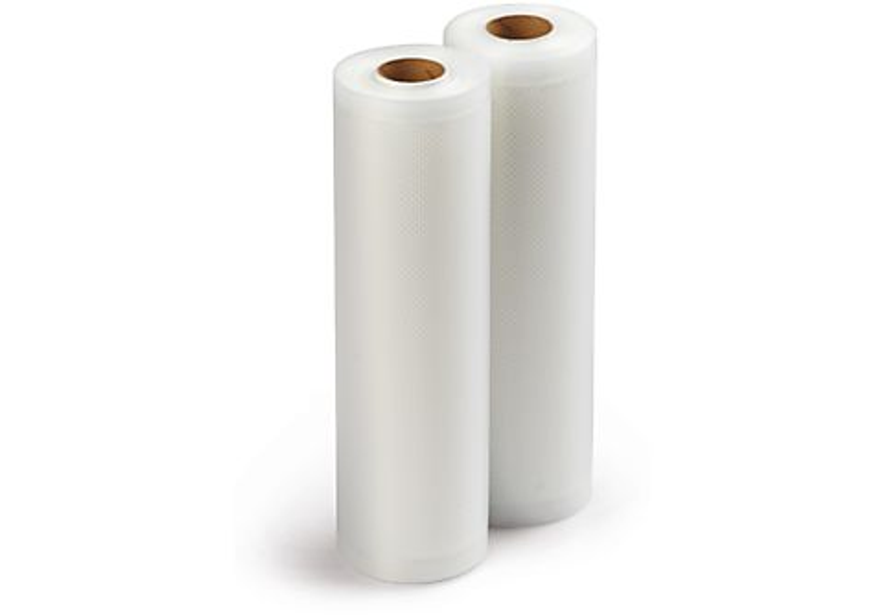 Due rotoli di sacchetti trasparenti per sottovuoto su sfondo bianco.
