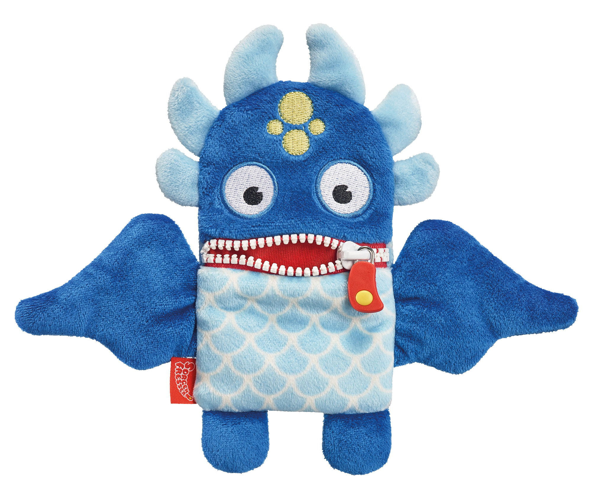 Niebieska pluszowa zabawka potwór ze skrzydłami, zamkiem błyskawicznym i białym tłem.