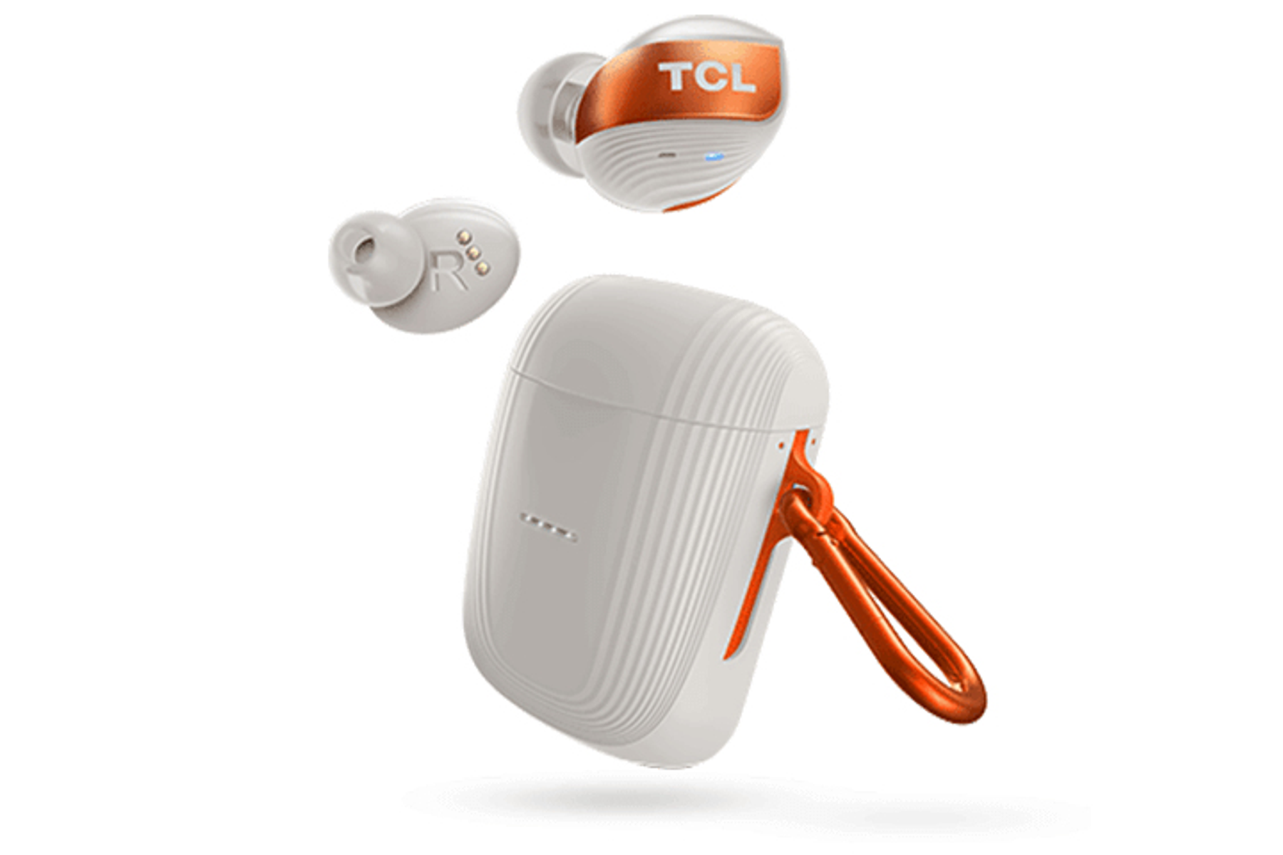 Bezprzewodowe słuchawki i etui ładujące. Białe i pomarańczowe, unoszące się. Białe tło.