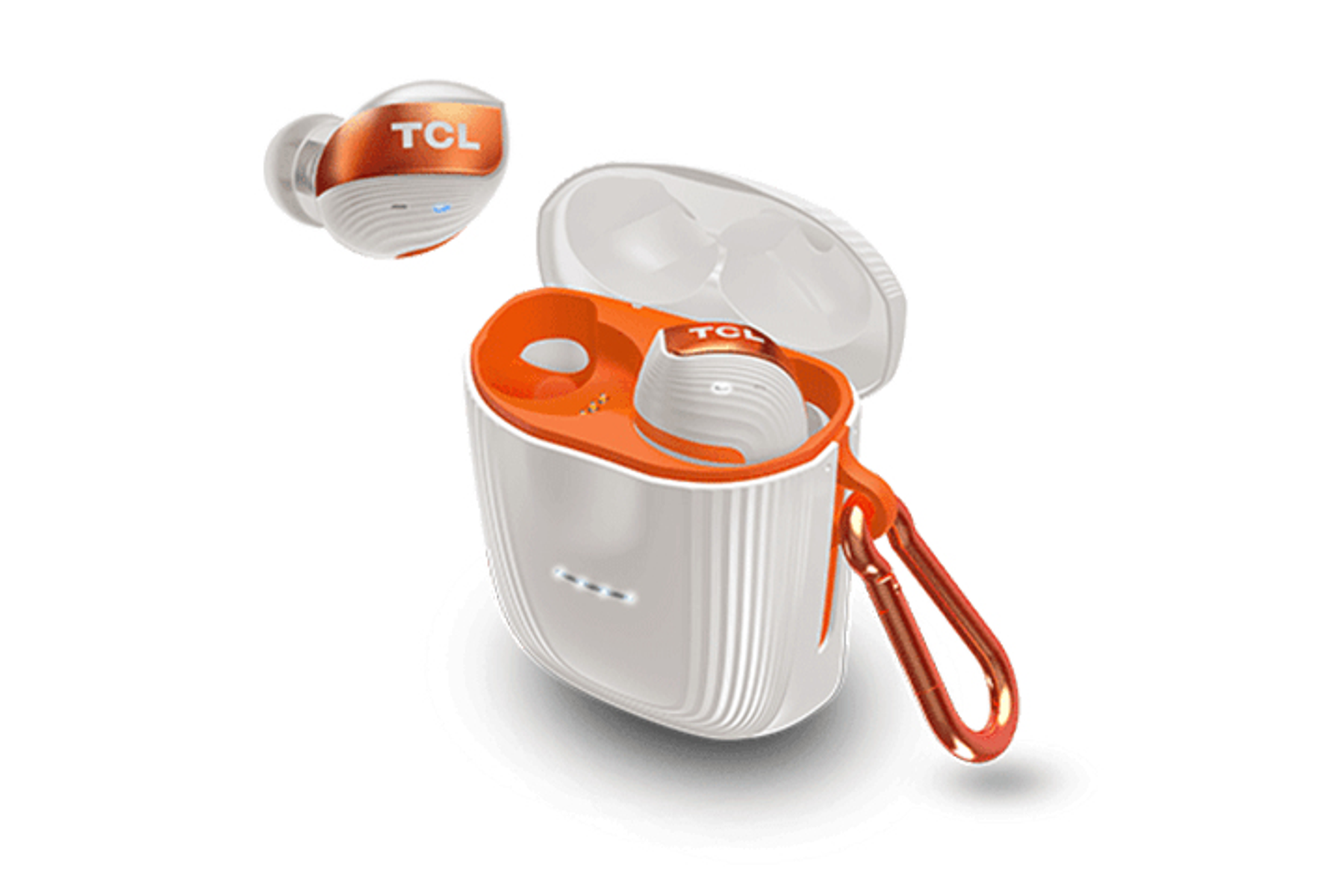 Białe i pomarańczowe słuchawki TCL i etui ładujące. Etui jest białe z pomarańczowymi akcentami.