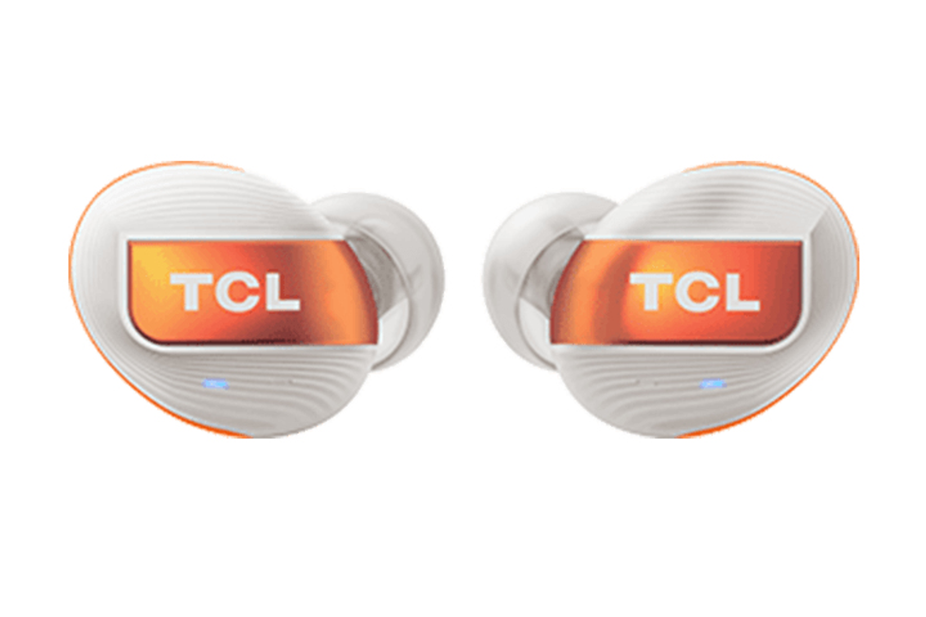 Białe i pomarańczowe słuchawki, logo TCL.