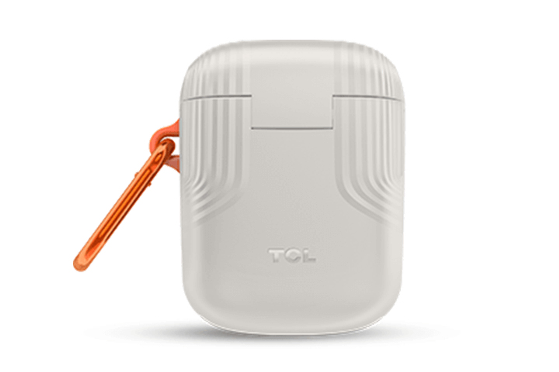 Białe etui na słuchawki z pomarańczowym klipsem i logo TCL. Prostokątny kształt.
