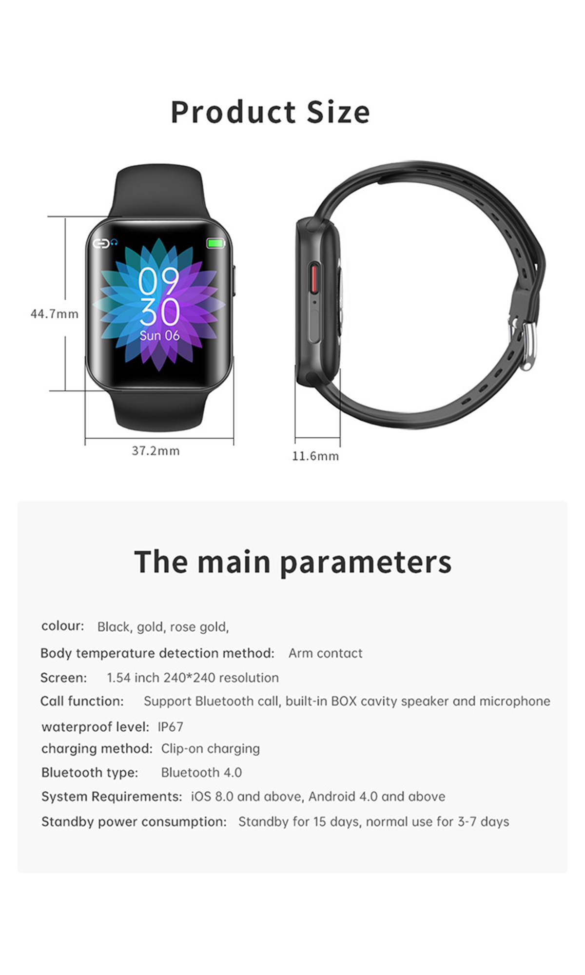 BRIGHTAKE Armbanduhr mit Bluetooth-Anruf Temperaturmessung Gold Kieselerde, Smartwatch Smart