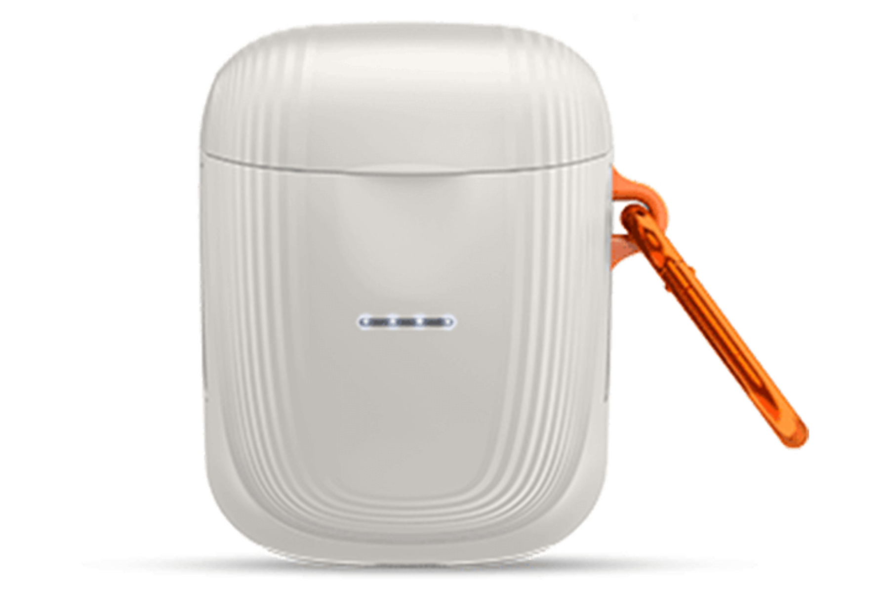 Białe etui na słuchawki z pomarańczowym karabińczykiem i trzema małymi światłami z przodu.
