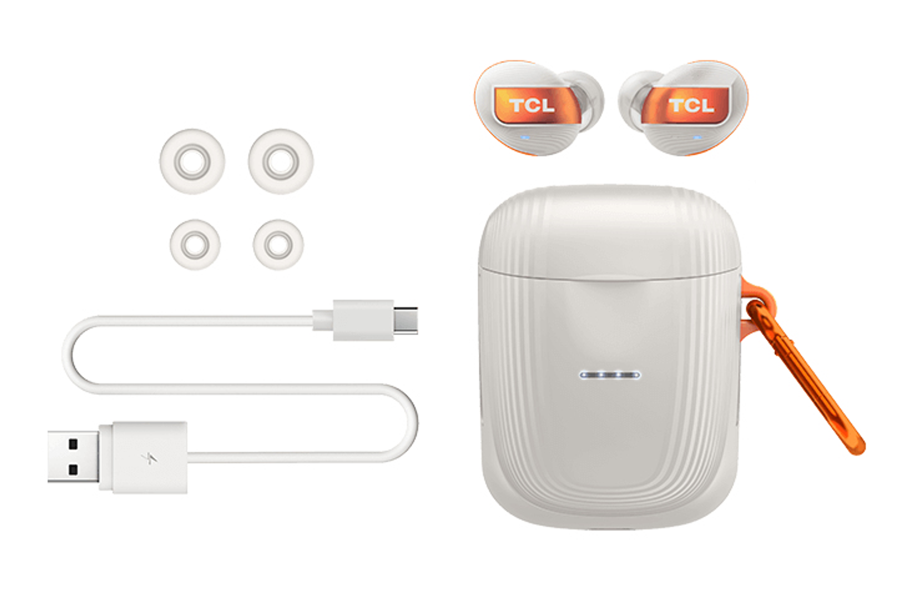 Pokazano białe etui ładujące, białe wkładki douszne, kabel USB-C i zapasowe wkładki douszne.