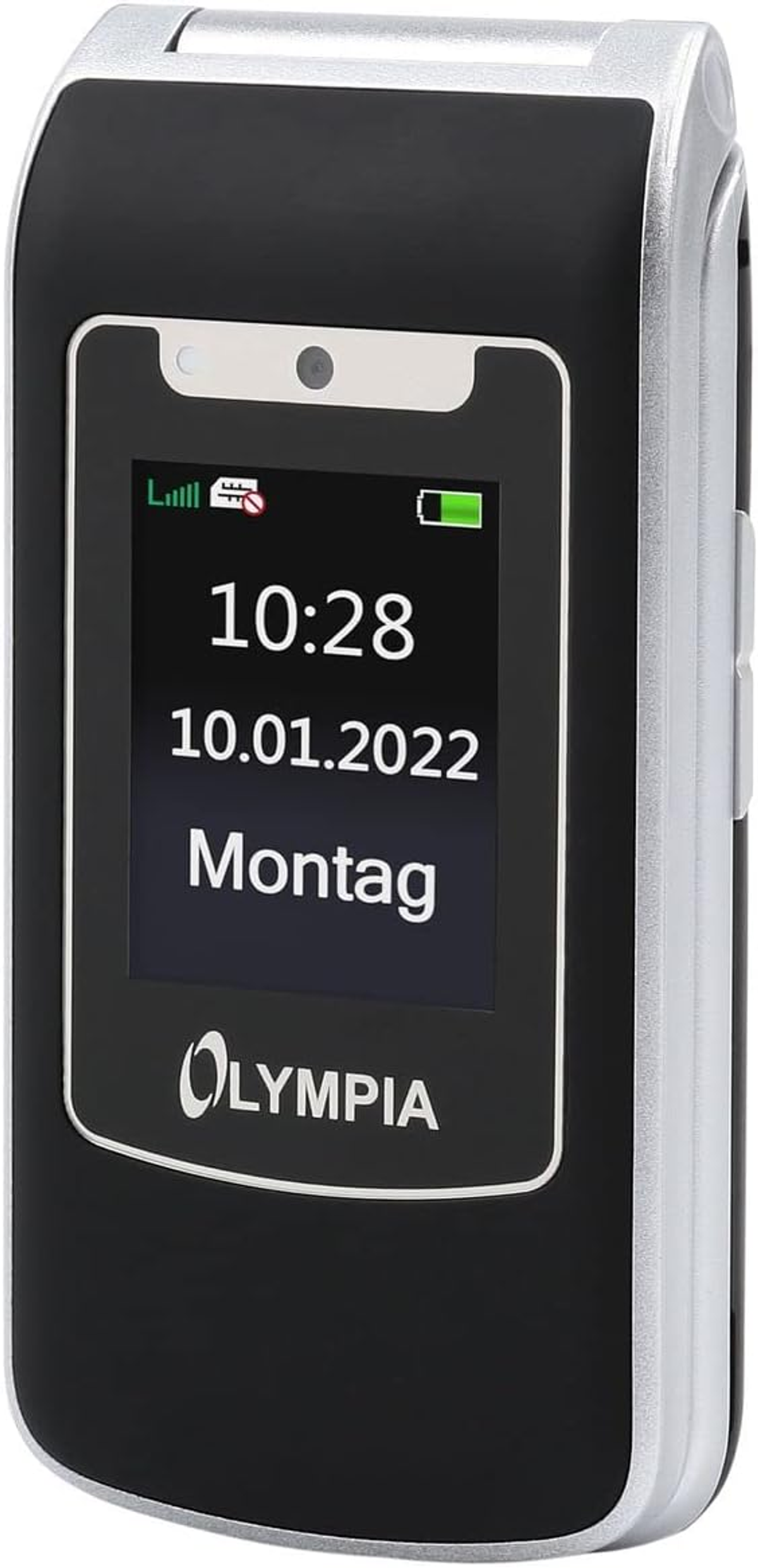 Ein geschlossenes Olympia Klapphandy mit schwarzem Gehäuse und silbernem Rand.