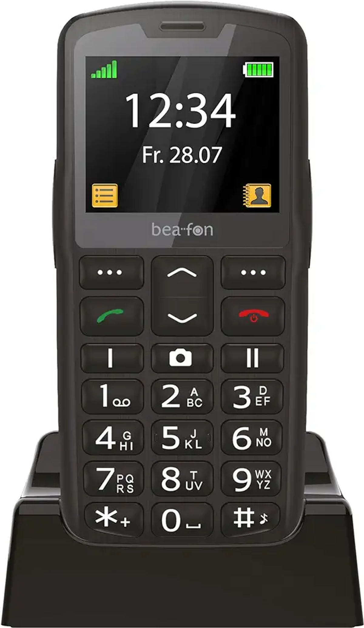 Un telefono cellulare nero per anziani con tasti grandi, su base di ricarica.