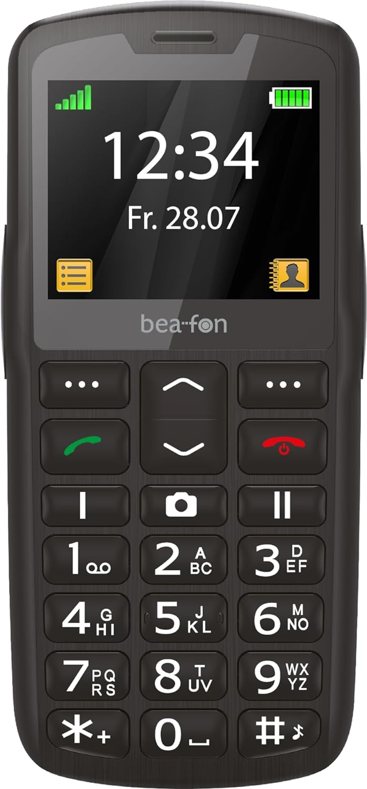Un telefono cellulare nero per anziani con ampio display che mostra le 12:34.