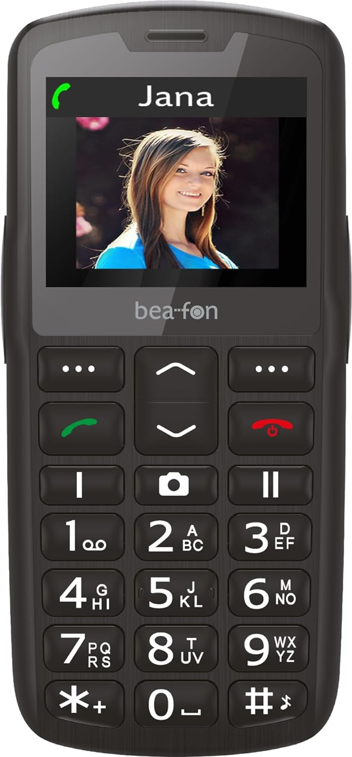Un telefono cellulare Bea-fon con Jana sullo schermo e tastiera.