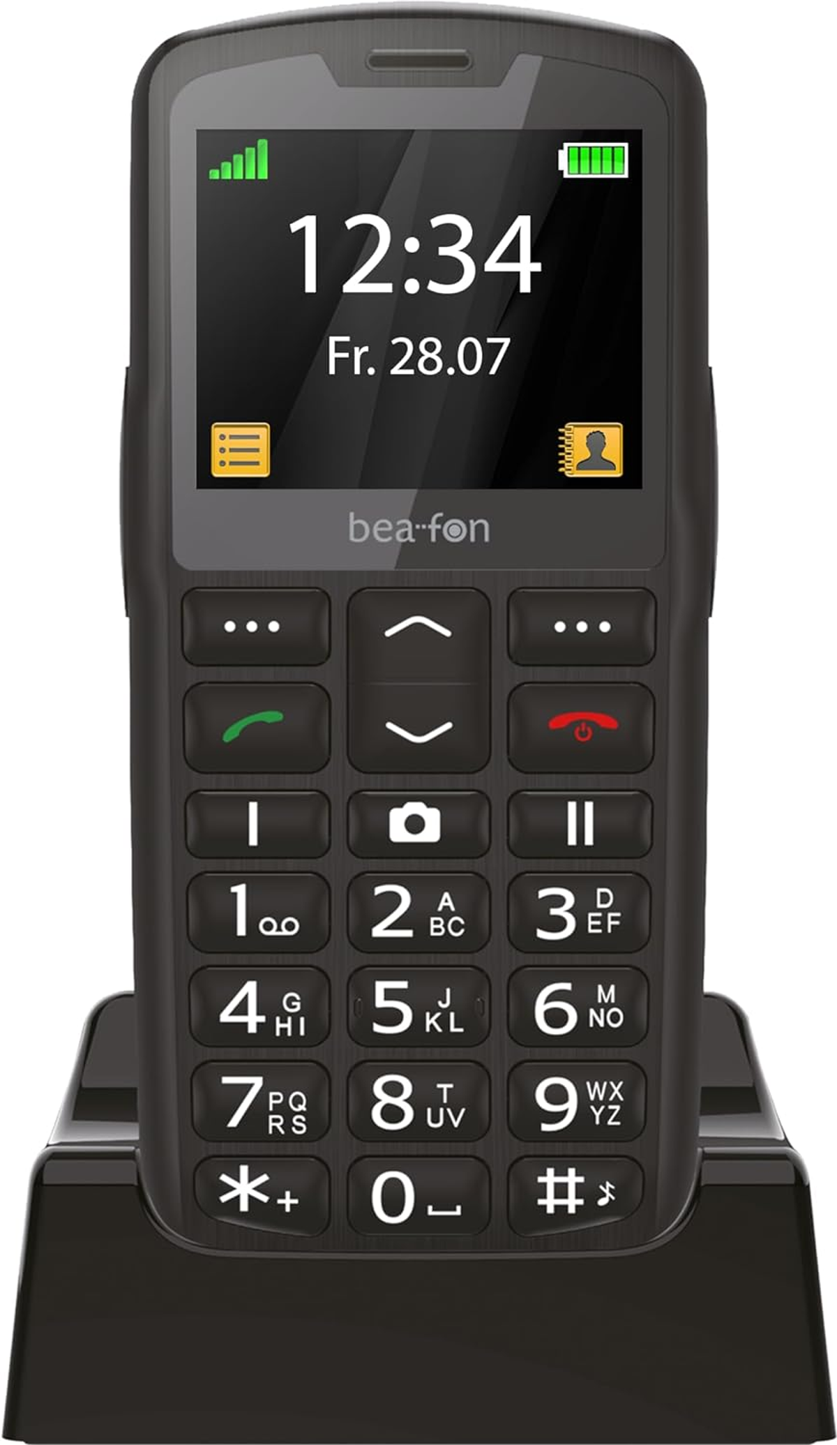 Un telefono cellulare nero per anziani con ampio display che mostra 12:34.