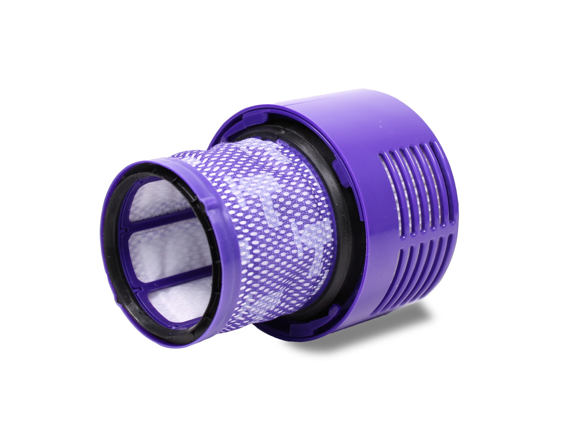 Ein violetter Staubsaugerfilter. Der Filter hat eine Maschenschicht innen.