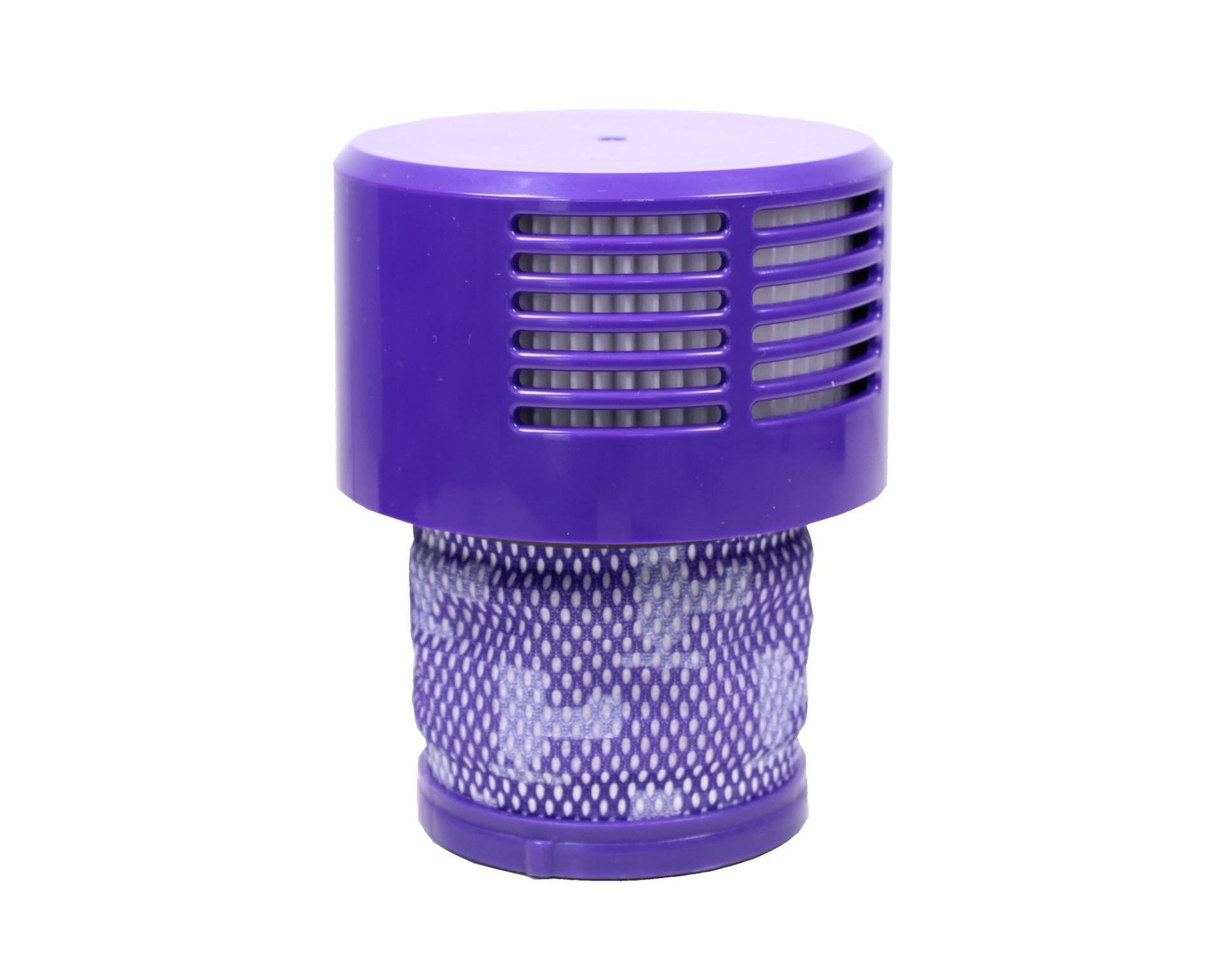 Lila Staubsaugerfilter mit zylindrischem Oberteil und Mesh-Unterteil auf Weiß.