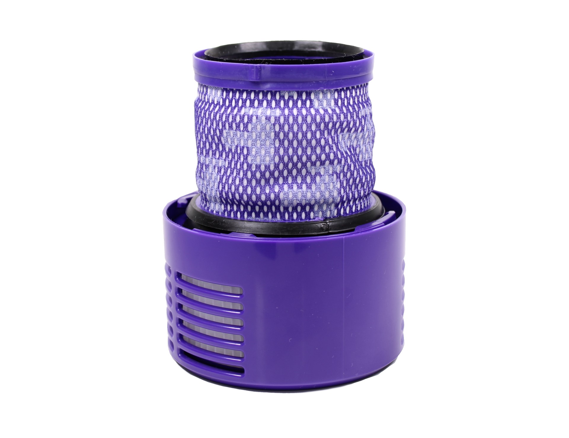 Ein violetter und schwarzer Staubsaugerfilter. Der Filter ist zylindrisch, mit einem Netz im Inneren.