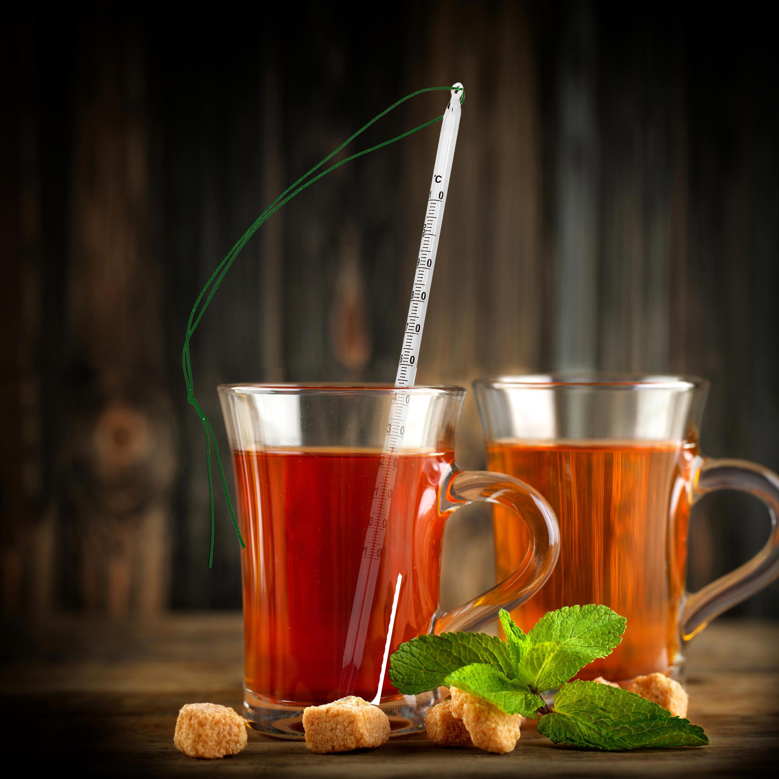 Zwei Glasbecher mit Tee, ein Thermometer, Minze und Würfelzucker auf einem Holztisch.