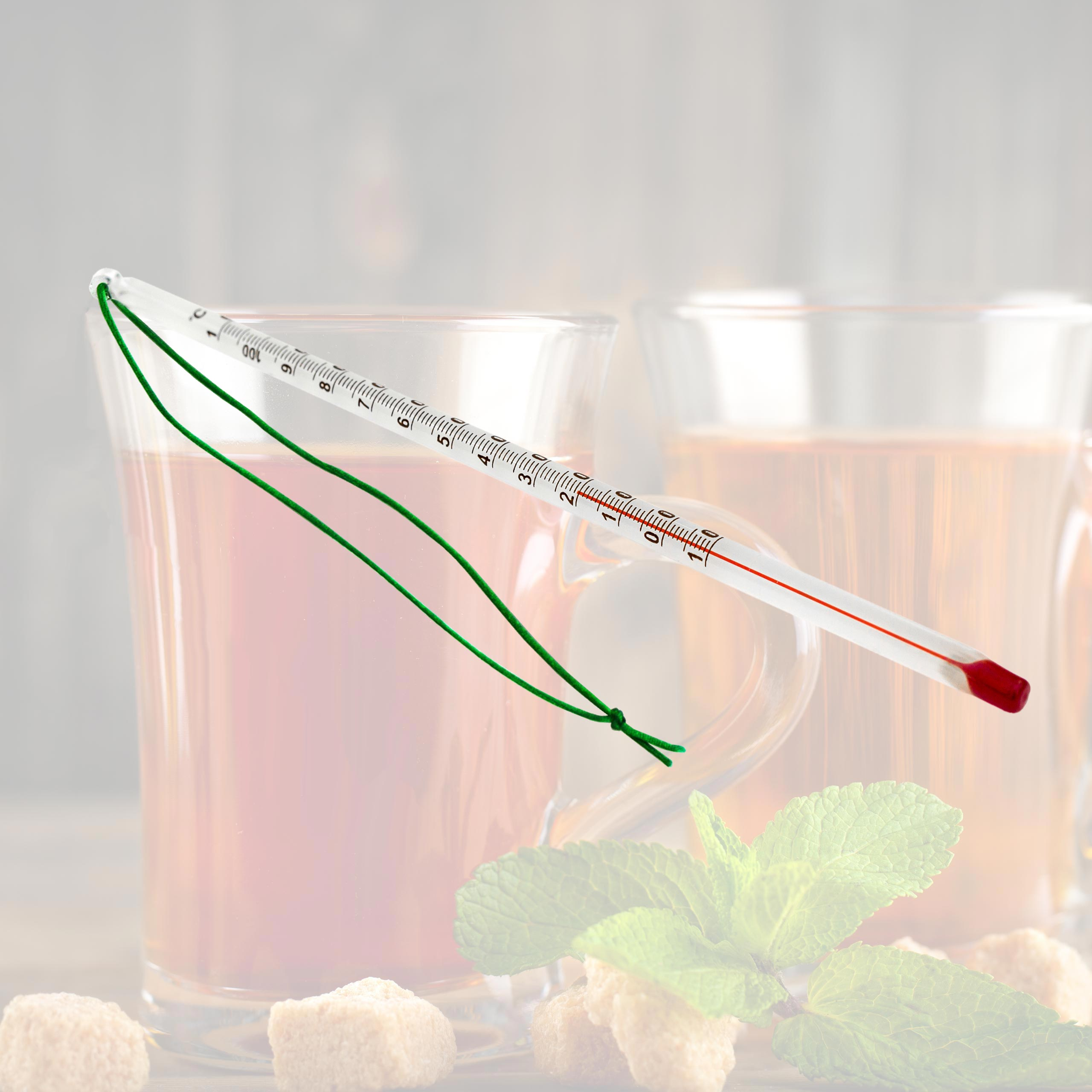 Thermometer in einem Glas Tee, mit Zuckerwürfeln und Minzblättern im Vordergrund.