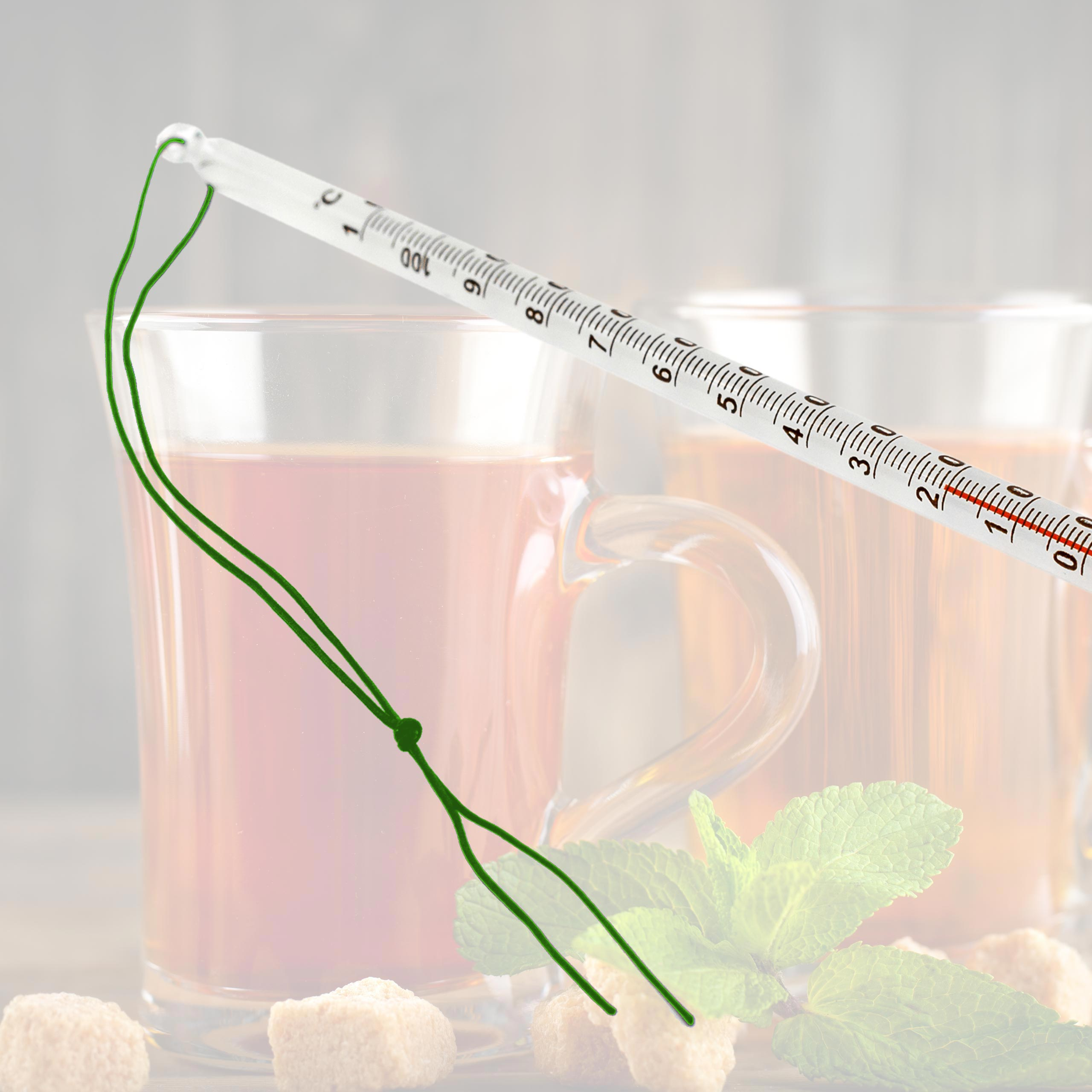 Ein Thermometer in einem Glas Tee. Der Tee ist von Zuckerwürfeln und Minze umgeben.