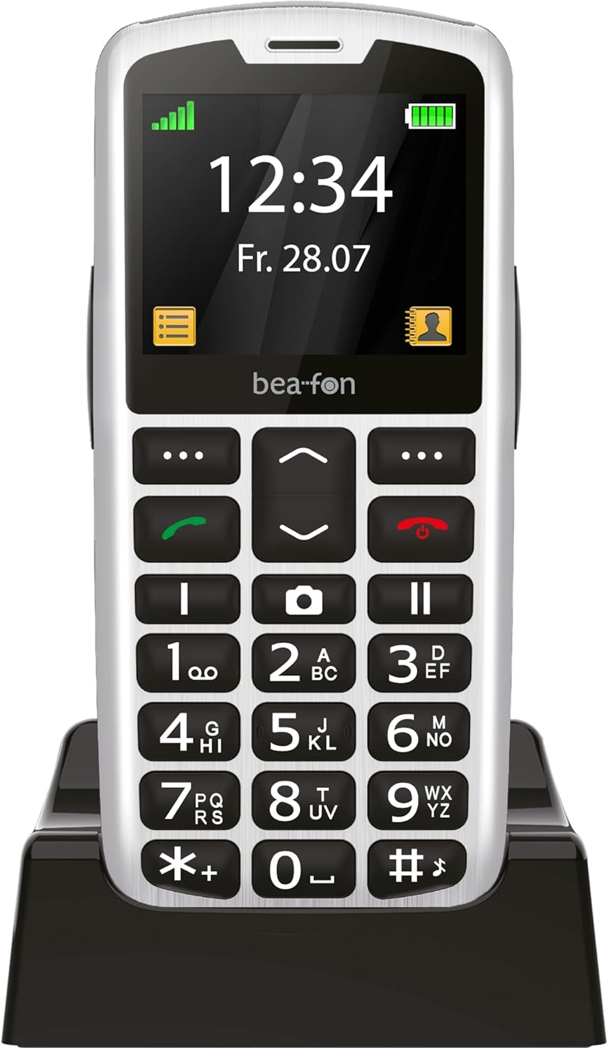 Ein silbernes und schwarzes bea-fon-Mobiltelefon zeigt die Uhrzeit 12:34 auf dem Bildschirm an. Es befindet sich in einer schwarzen Ladestation.
