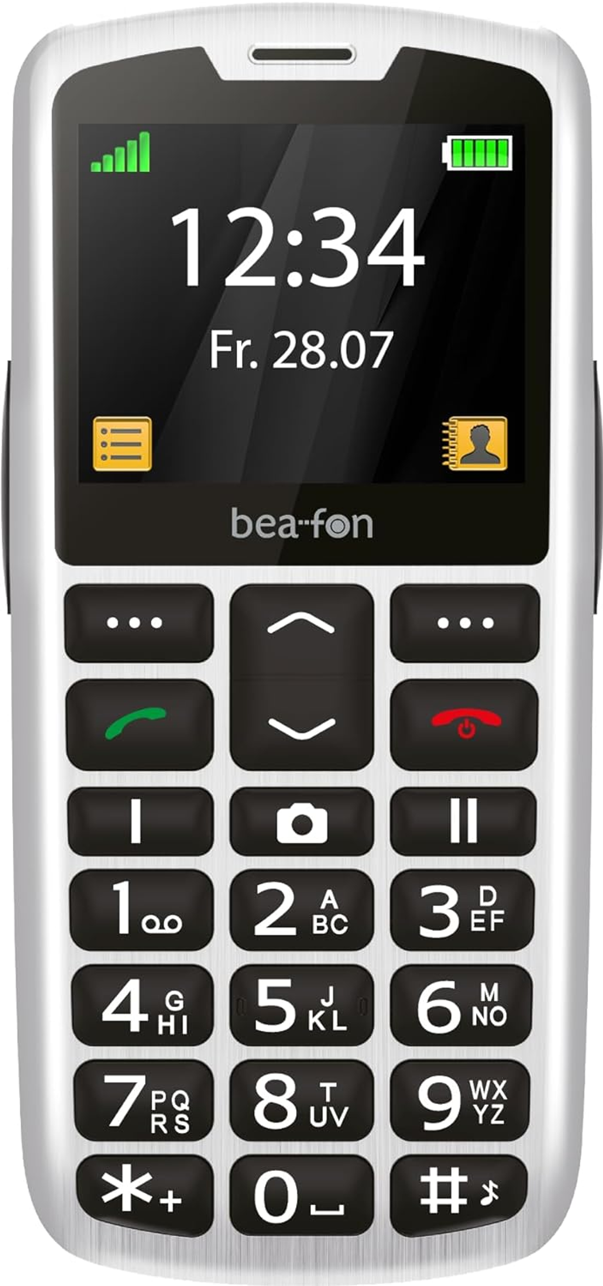 Silbernes Mobiltelefon mit schwarzen Tasten. Der Bildschirm zeigt die Uhrzeit 12:34 und das Datum an. Der Markenname ist bea-fon.