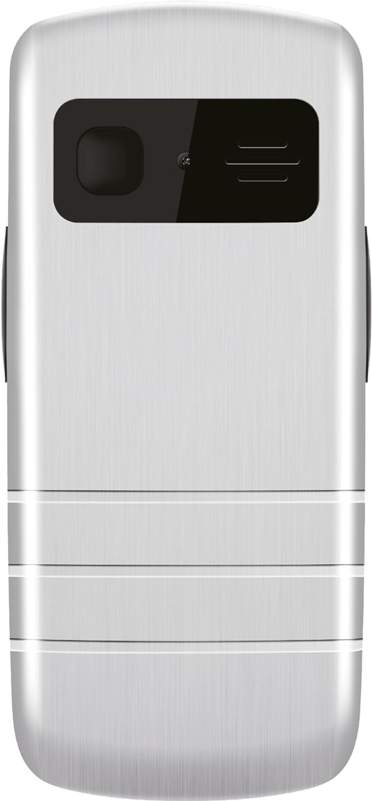 Ein silbernes Mobiltelefon. Es hat einen schwarzen Kamerabereich mit Linse und Lautsprecherlöchern. Am unteren Rand befinden sich horizontale Linien.