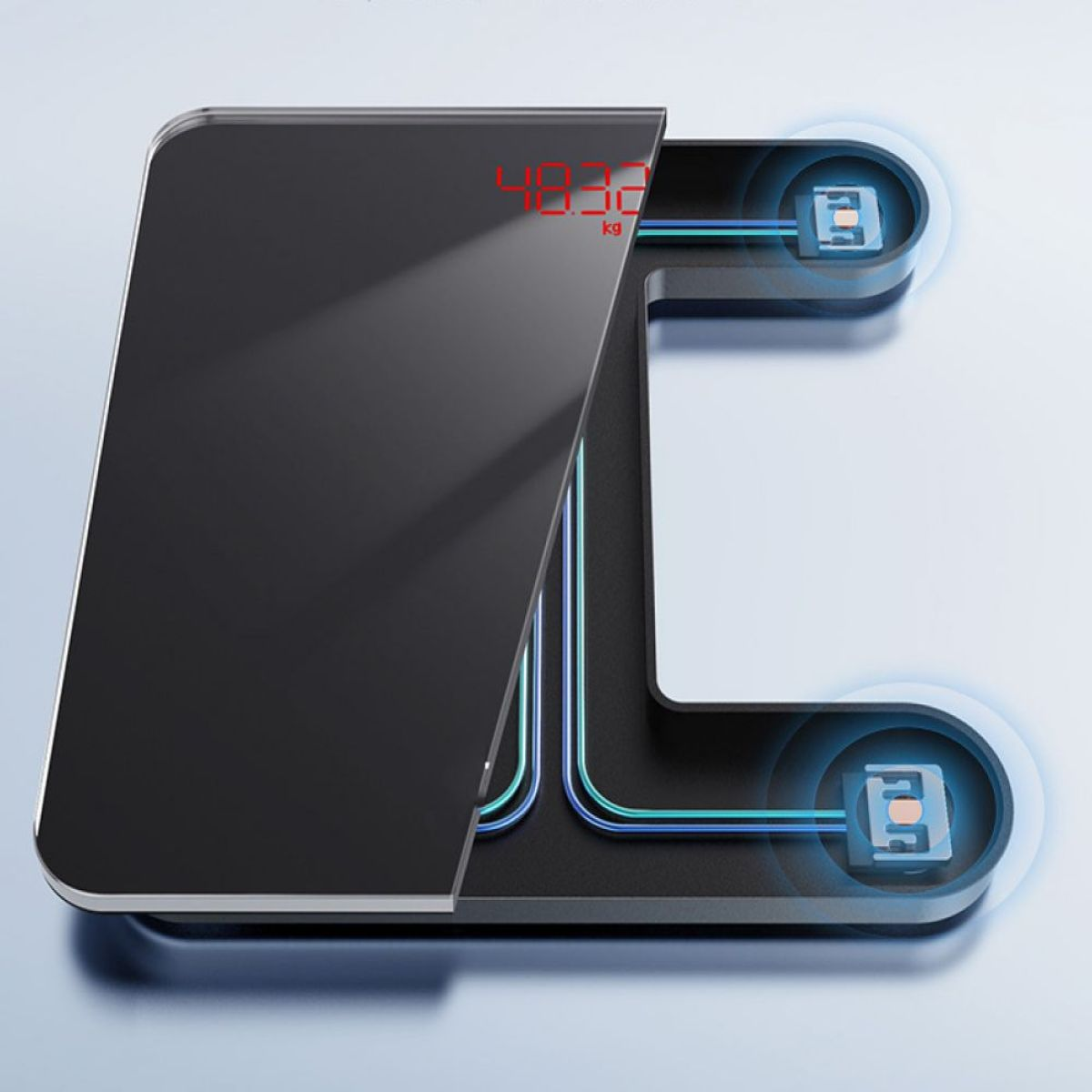 Schwarze und durchsichtige Digitalwaage mit Gewichtsanzeige. Zwei hellblaue Anzeigen.