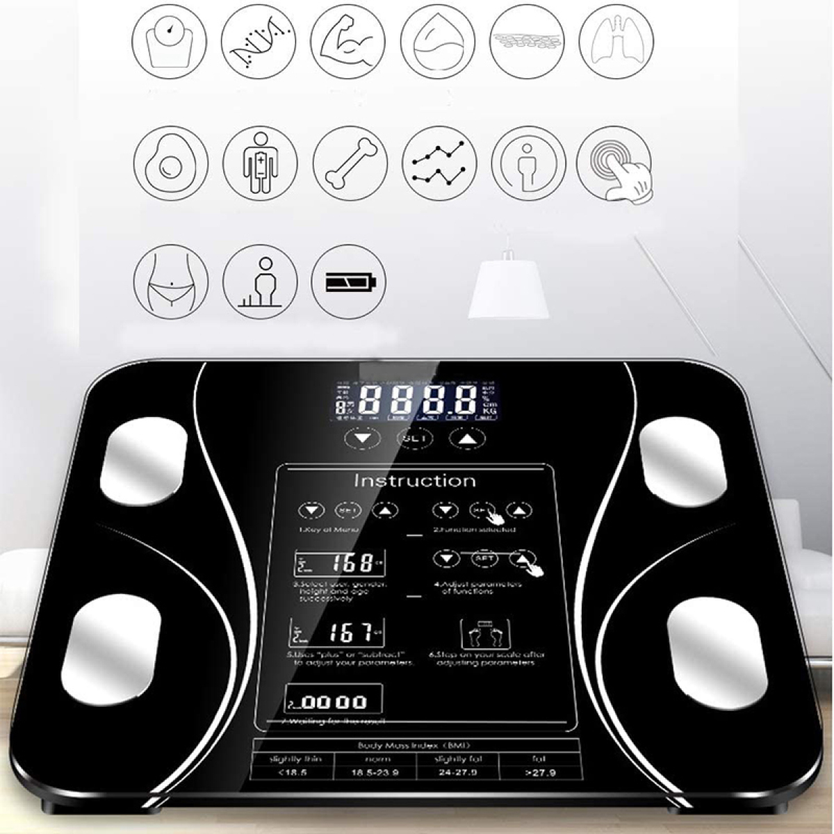 Eine Digitalwaage mit Symbolen und Anzeige. Sie zeigt Anweisungen und Informationen zum Body-Mass-Index.