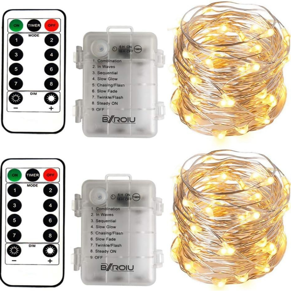 Zwei Sets Lichterketten mit Fernbedienungen und Batteriekästen.
