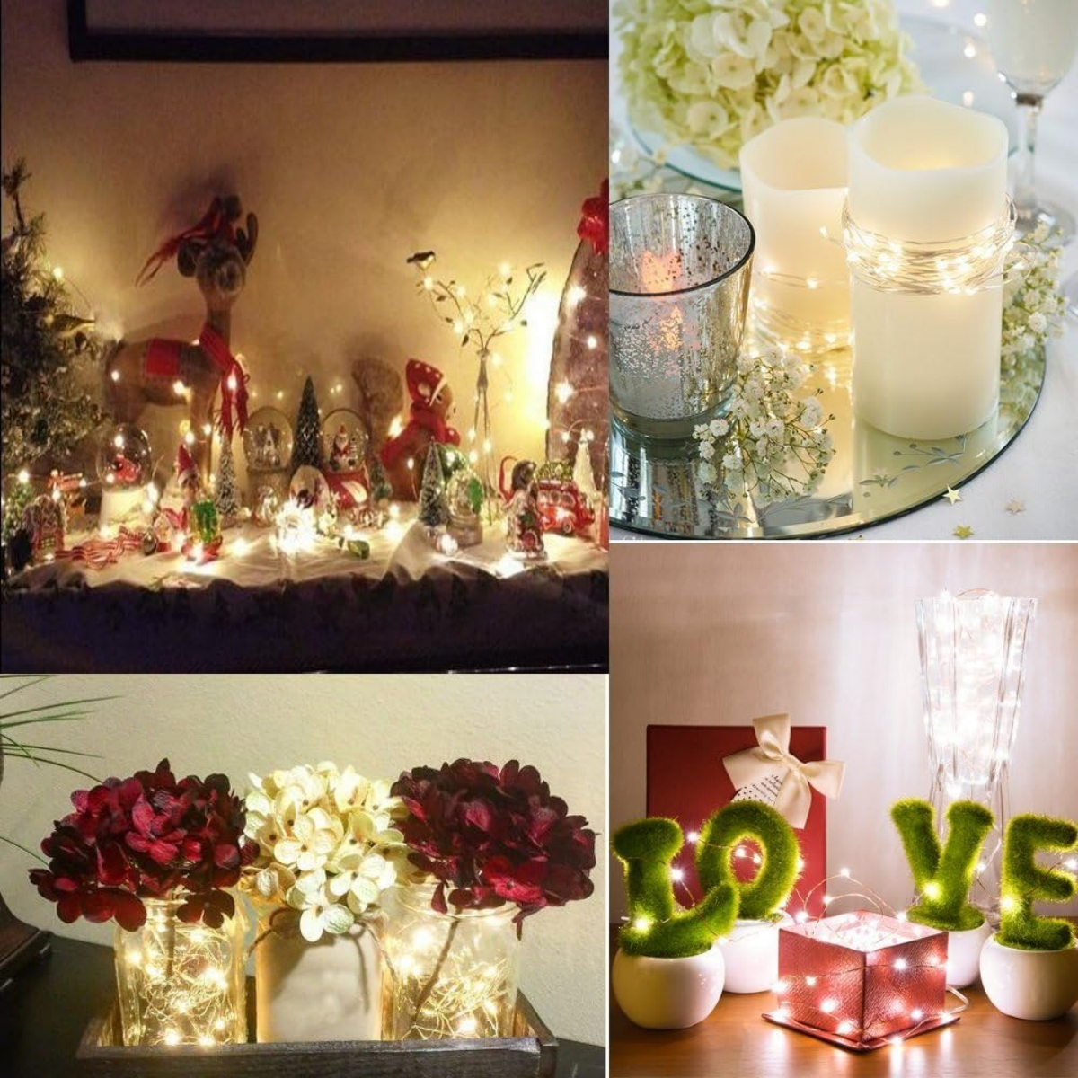 Mehrere Weihnachtsdekorationen mit Lichtern, darunter Kerzen, Figuren und Gläser.