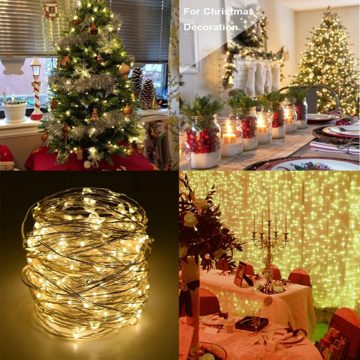 Mehrere Weihnachtsdekorationen und Lichterketten in verschiedenen Umgebungen.