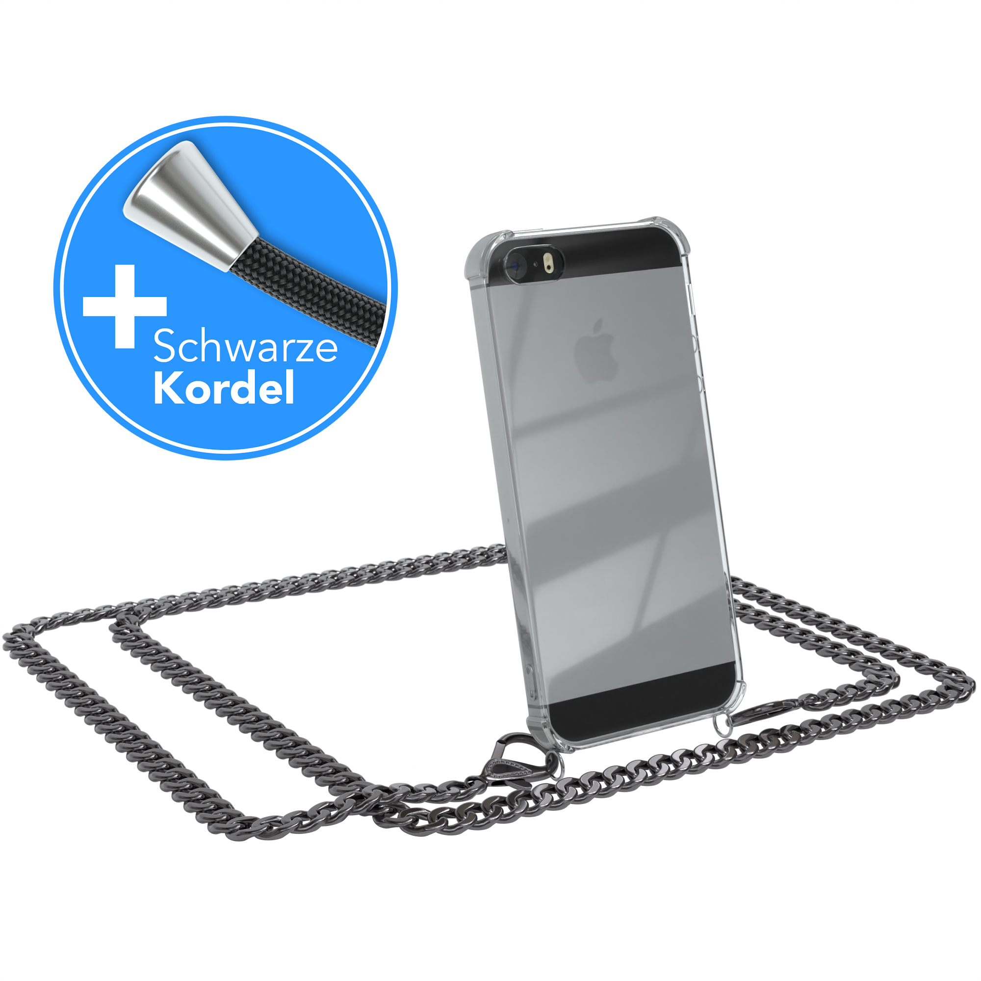 5 Anthrazit Kordel iPhone SE Umhängetasche, Metall 2016, extra 5S, CASE Handykette Schwarz, iPhone Grau + Apple, EAZY /
