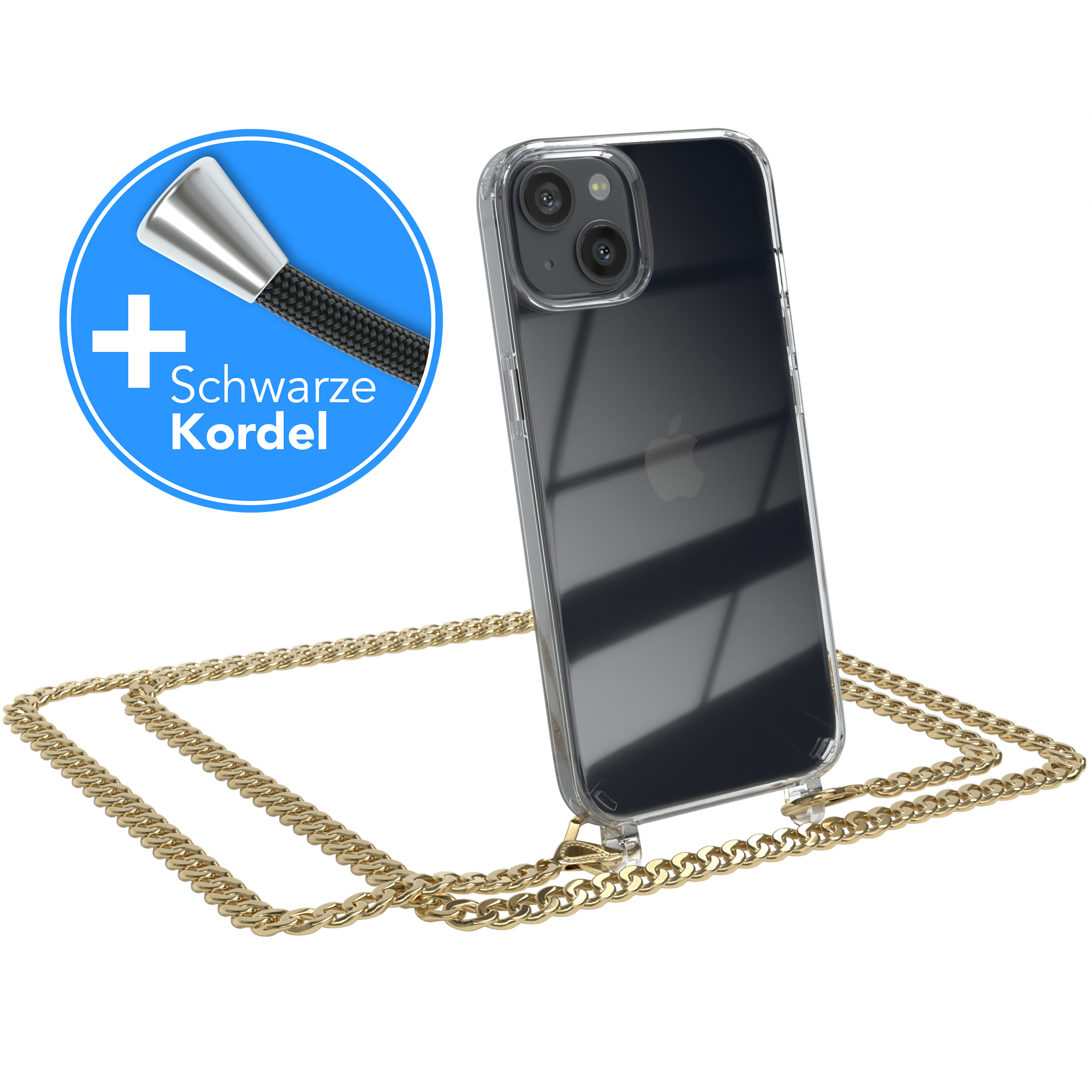 EAZY CASE Gold extra Kordel 13, Handykette Metall Apple, Schwarz, Umhängetasche, + iPhone