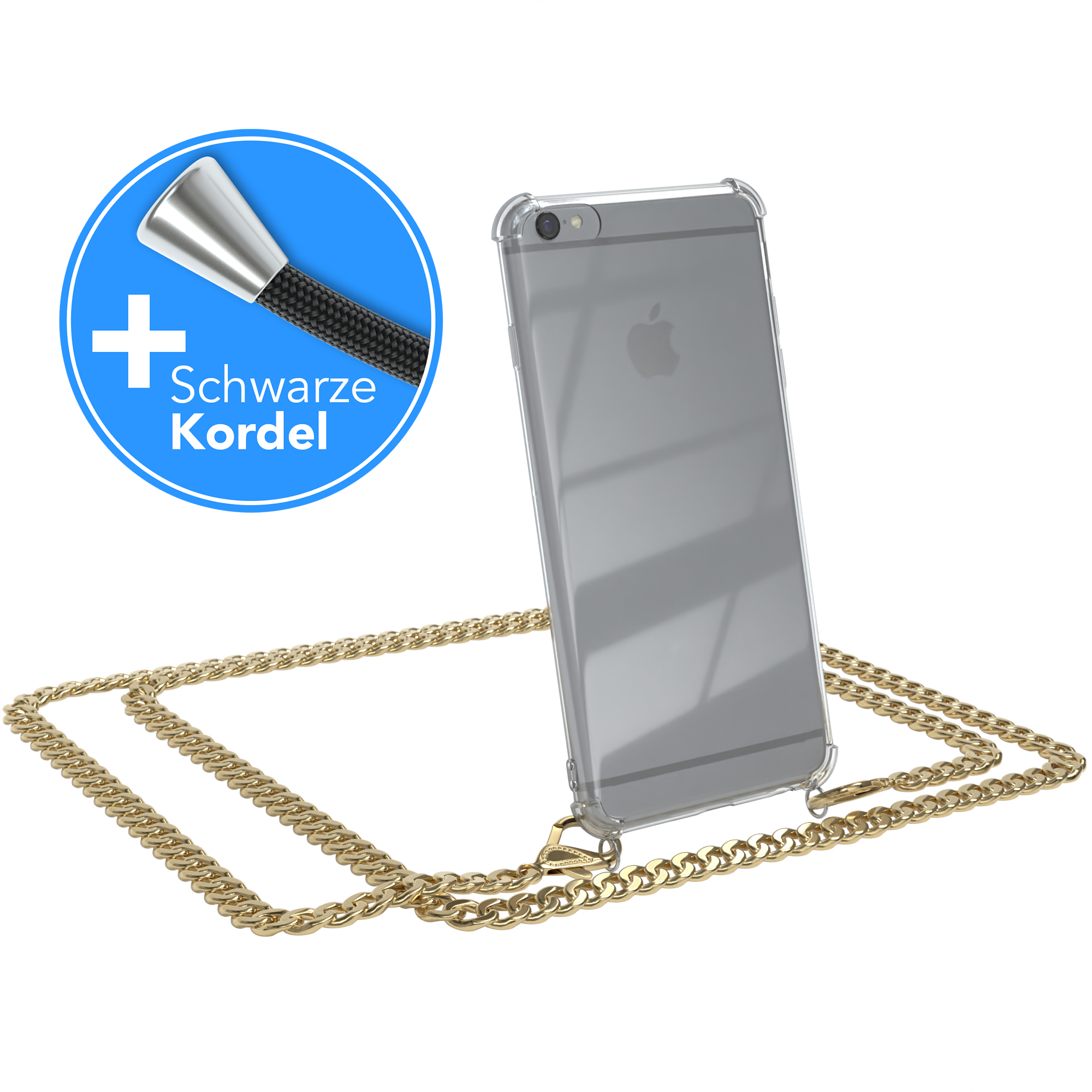 EAZY CASE Handykette Metall + / Schwarz, 6S, Gold Kordel extra iPhone Apple, Umhängetasche, 6