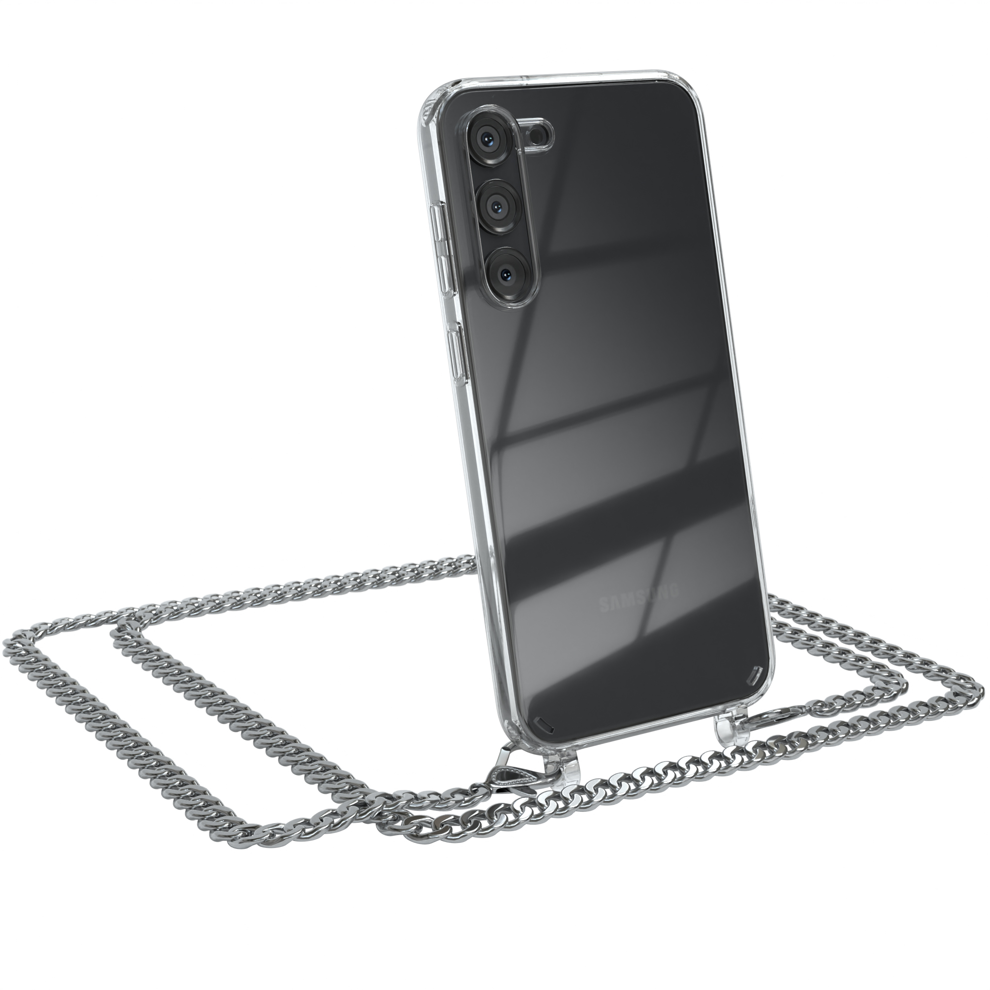 EAZY CASE Plus, Silber Metall Handykette Samsung, Galaxy + extra Umhängetasche, S23 Kordel Schwarz