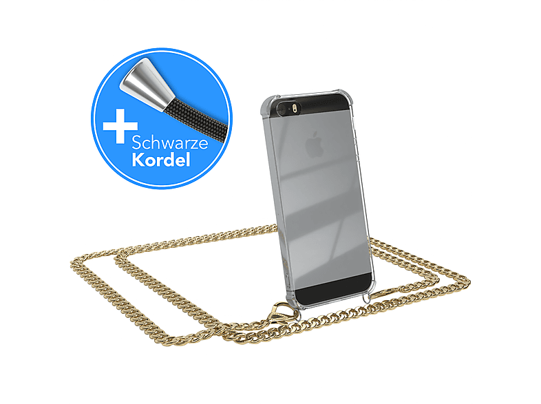 EAZY CASE Handykette Metall + extra Kordel Schwarz, Umhängetasche, Apple, iPhone SE 2016, iPhone 5 / 5S, Gold