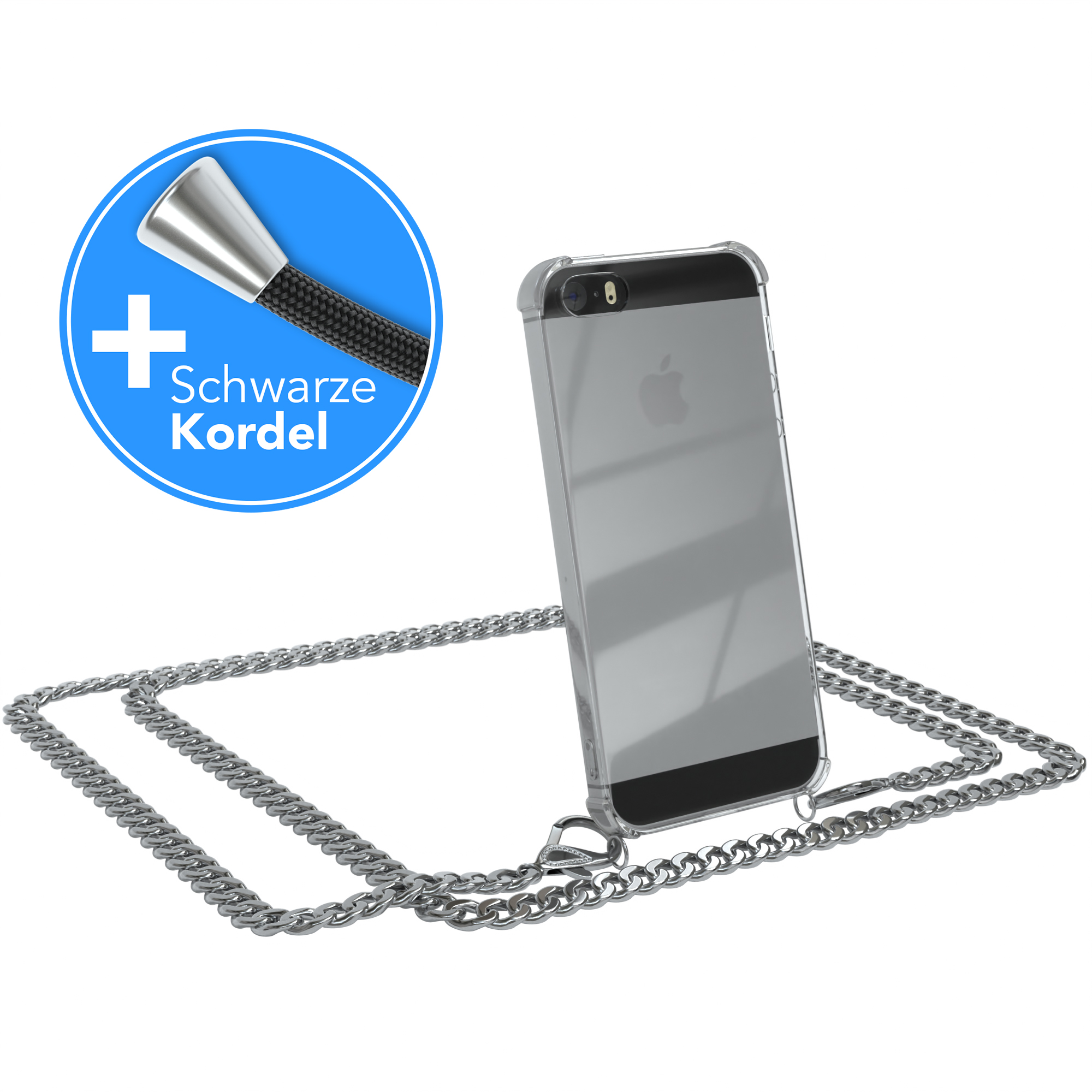 EAZY CASE Handykette Metall + / extra iPhone 2016, iPhone SE Apple, Schwarz, 5S, Umhängetasche, Kordel Silber 5