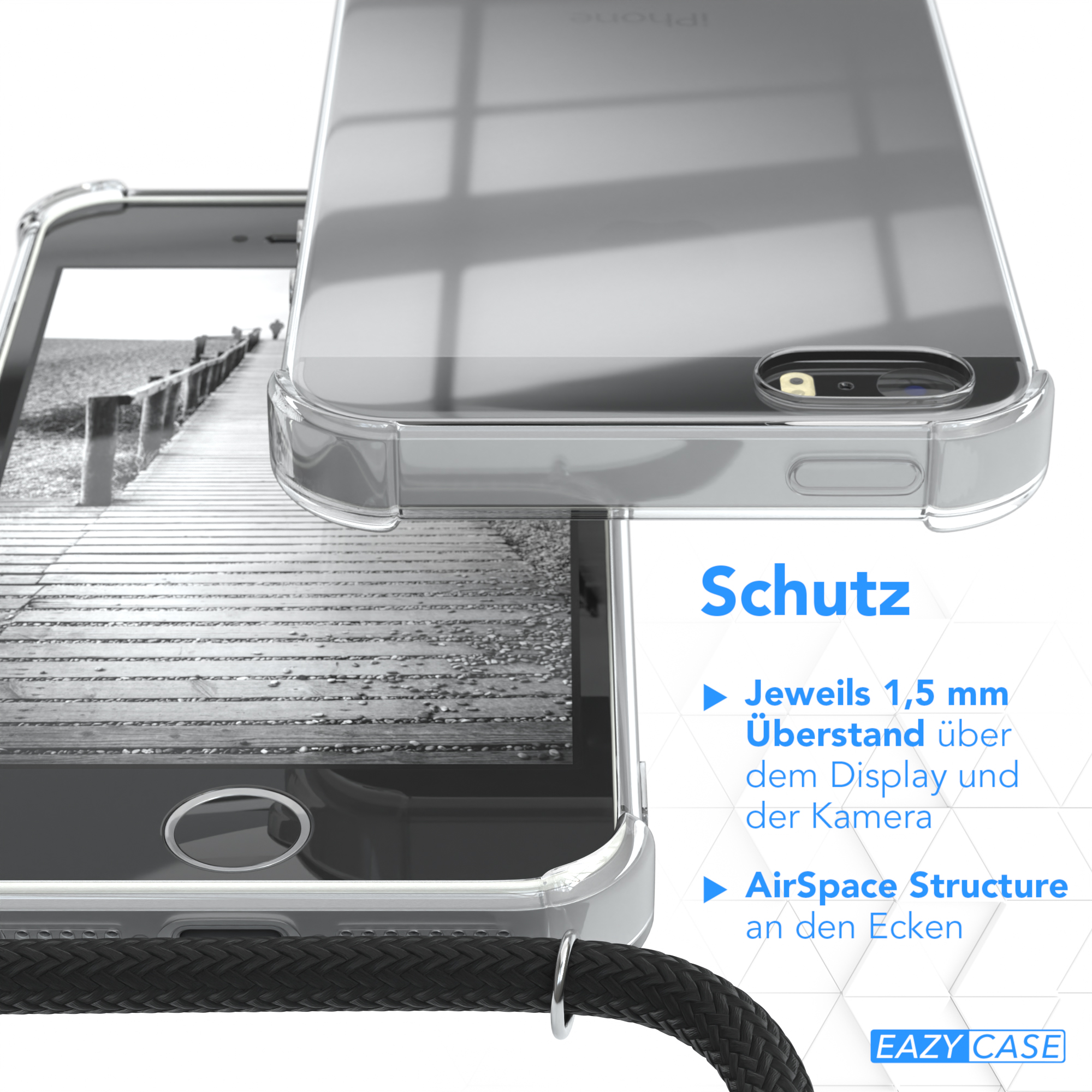 Metall Handykette Umhängetasche, EAZY CASE Silber Apple, 2016, Schwarz, Kordel iPhone 5S, iPhone SE 5 + extra /