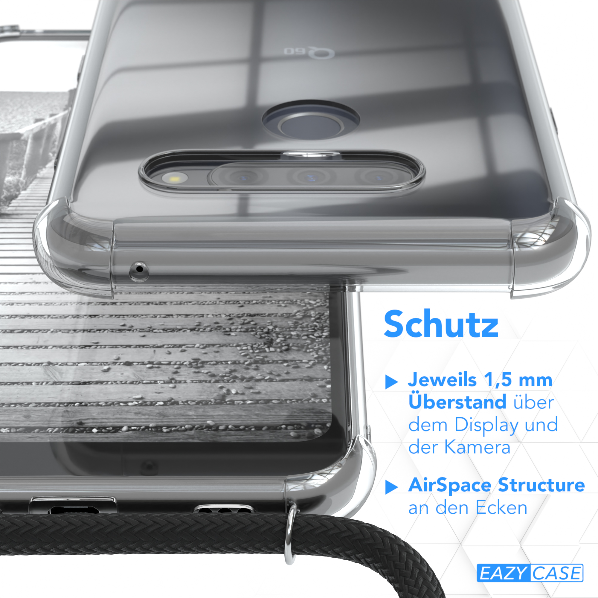 EAZY CASE + Metall Kordel Umhängetasche, Grau K50, Anthrazit extra / Q60 LG, Schwarz, Handykette